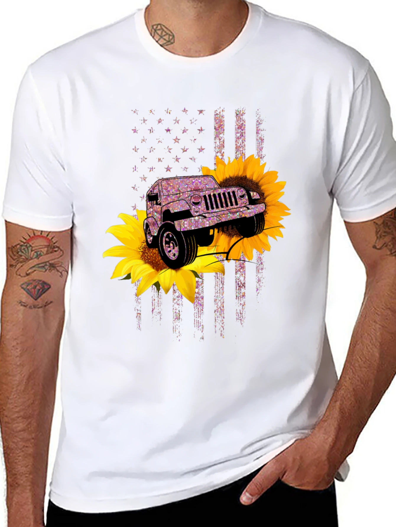 Black Sunflower Jeep T-Shirt - Patriotic Flag Design view 8