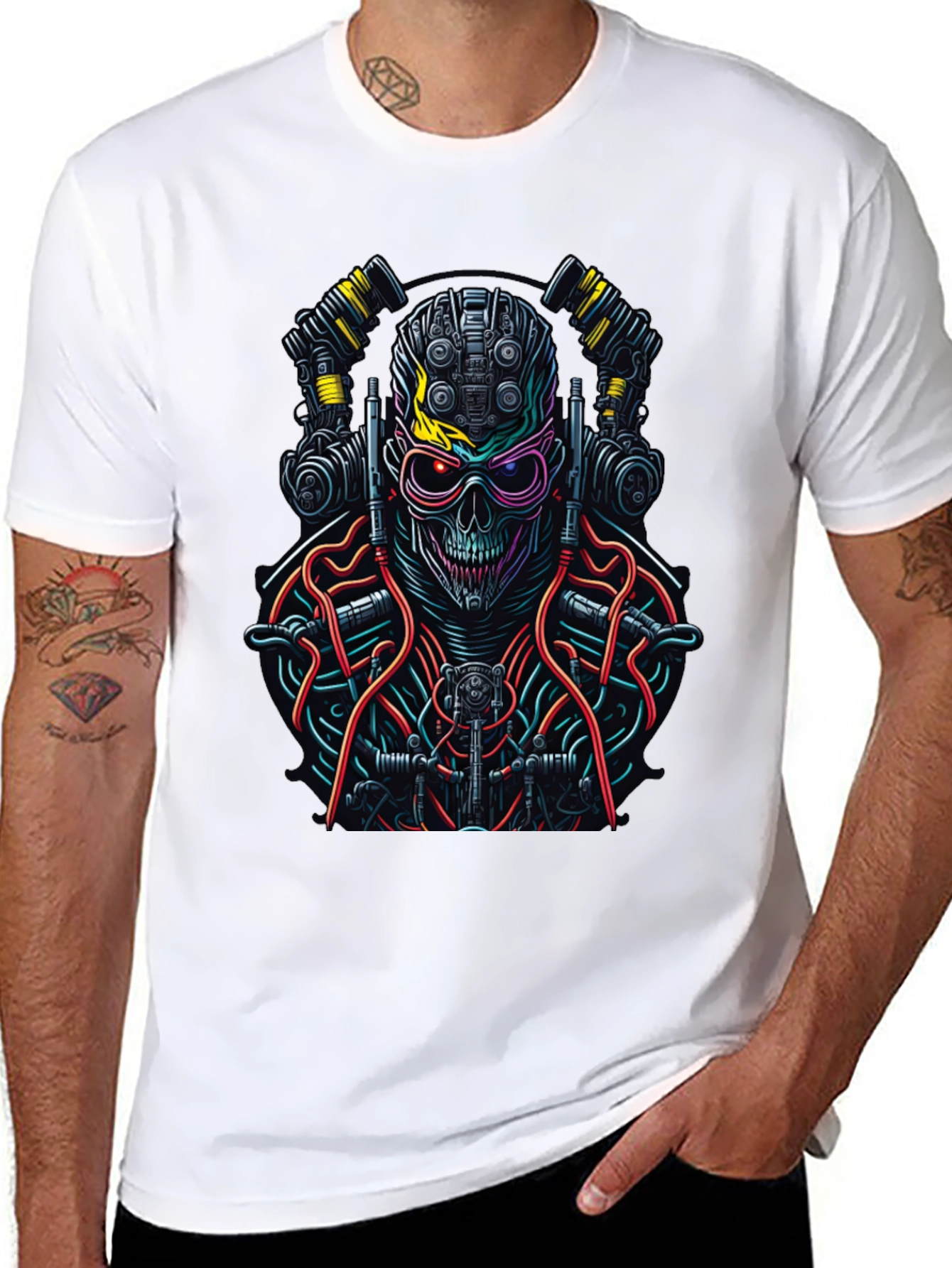 Black Cyberpunk Skull Graphic Tee - Unique Robot Skeleton Design view 8