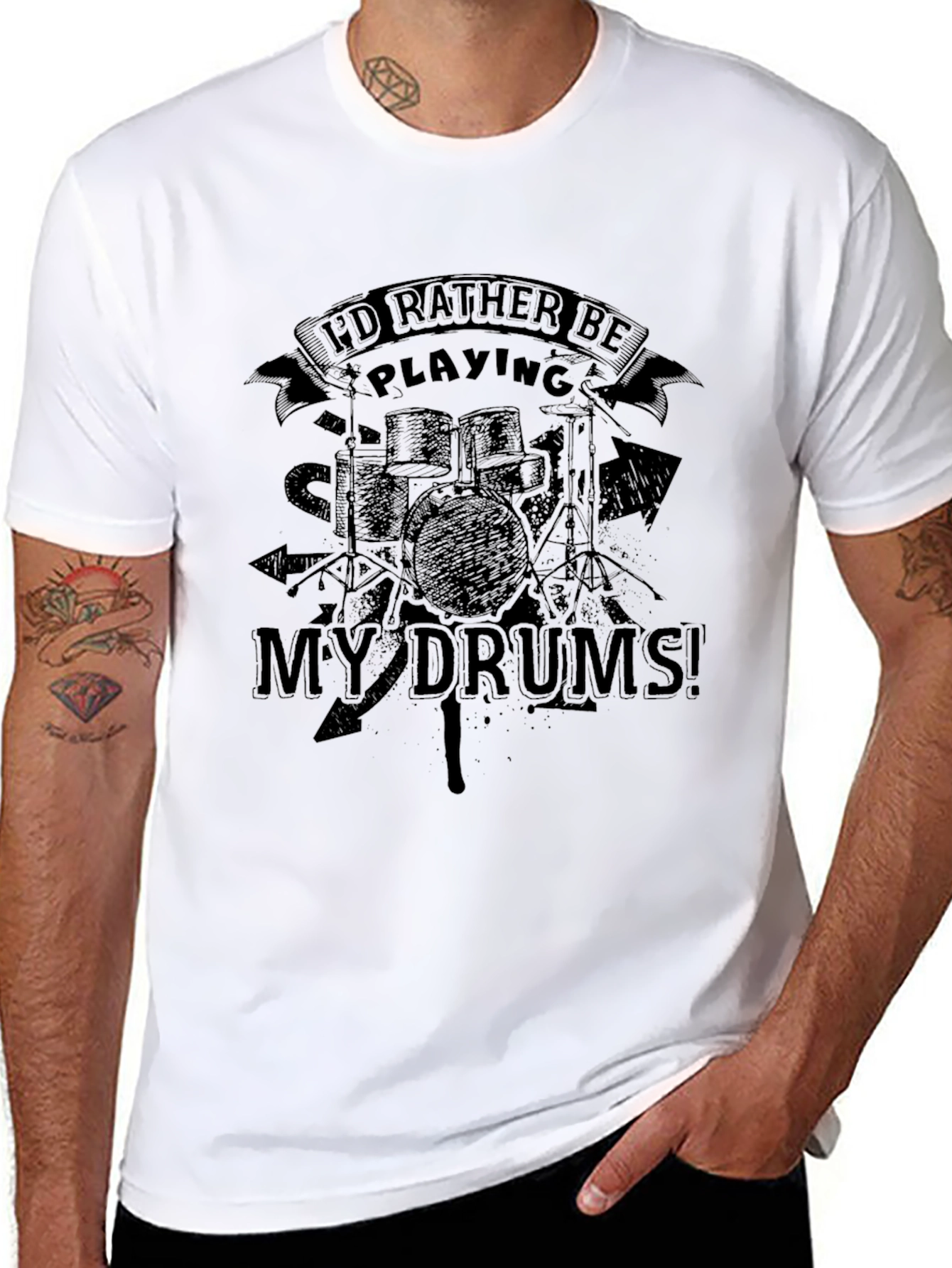 Black I'd Rather Be Playing My Drums Black T-Shirt view 8