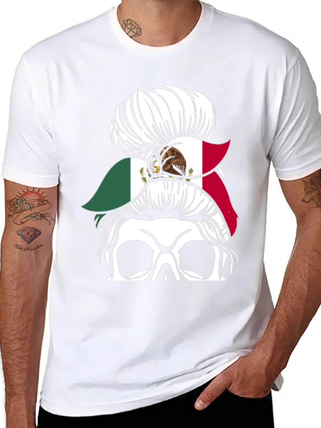 Mexican Flag Skull Messy Bun T-Shirt - 8