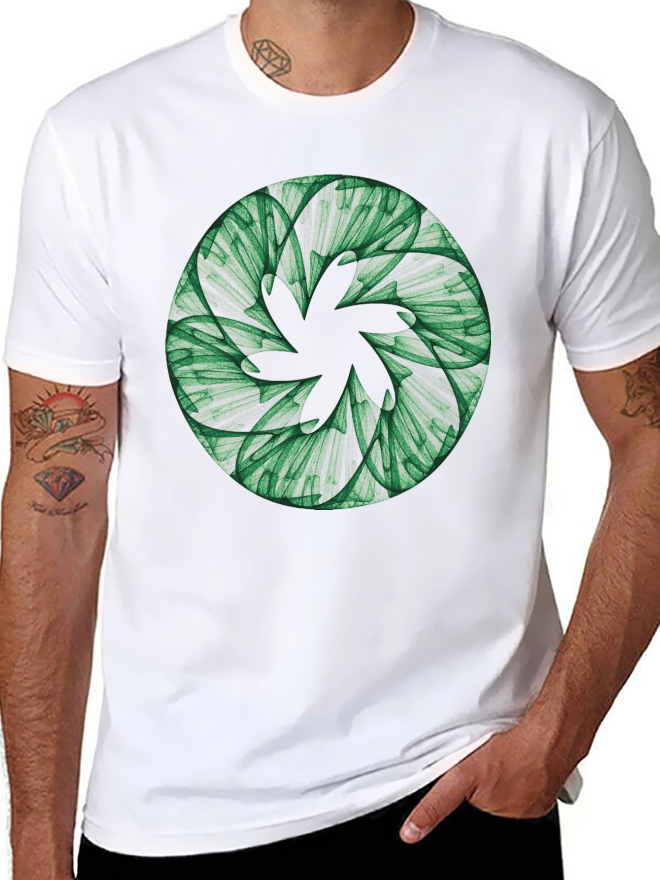 Black Abstract Green Floral Pattern Black T-Shirt view 8