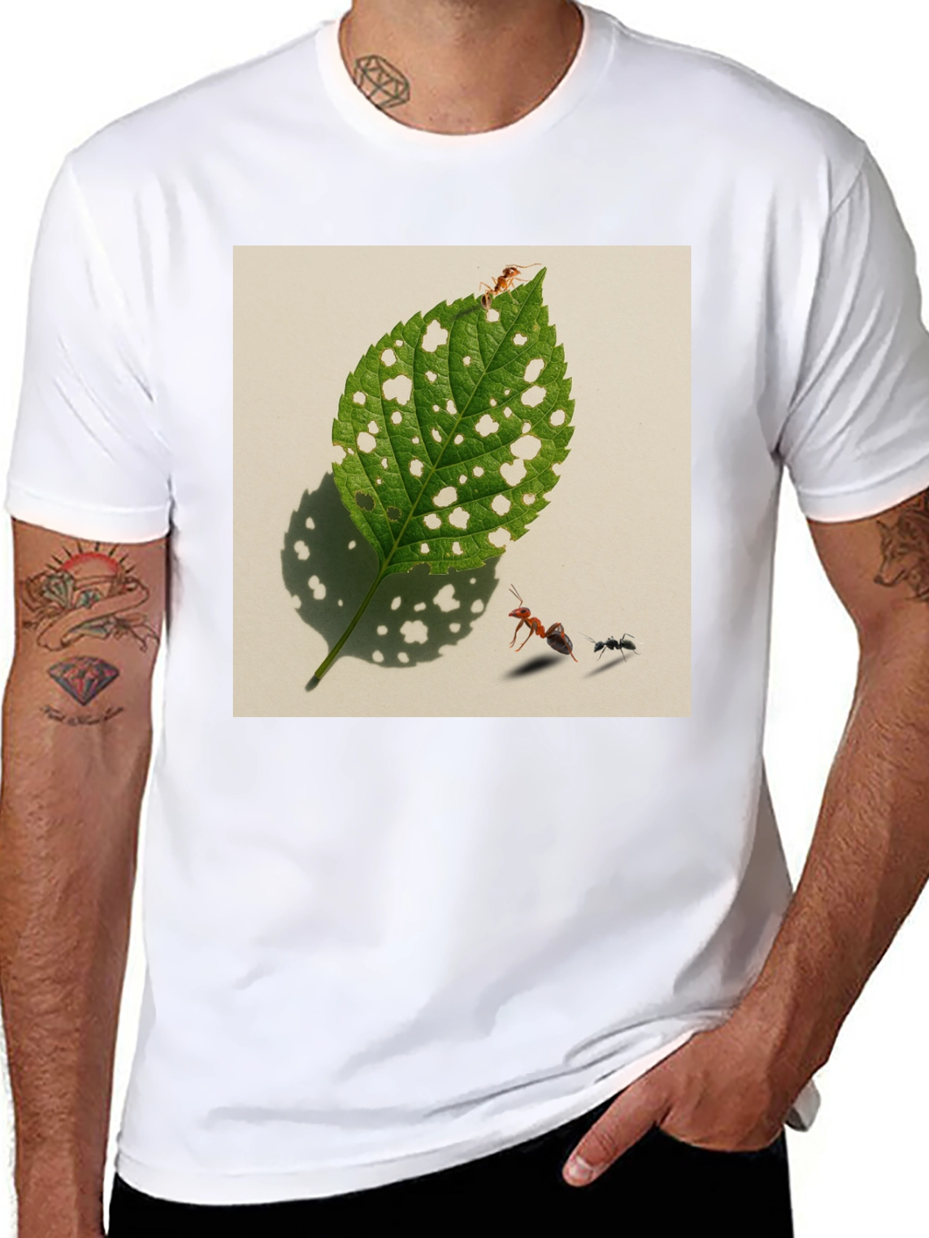 Black Ants & Leaf Graphic Tee - Unique Nature Shirt view 8