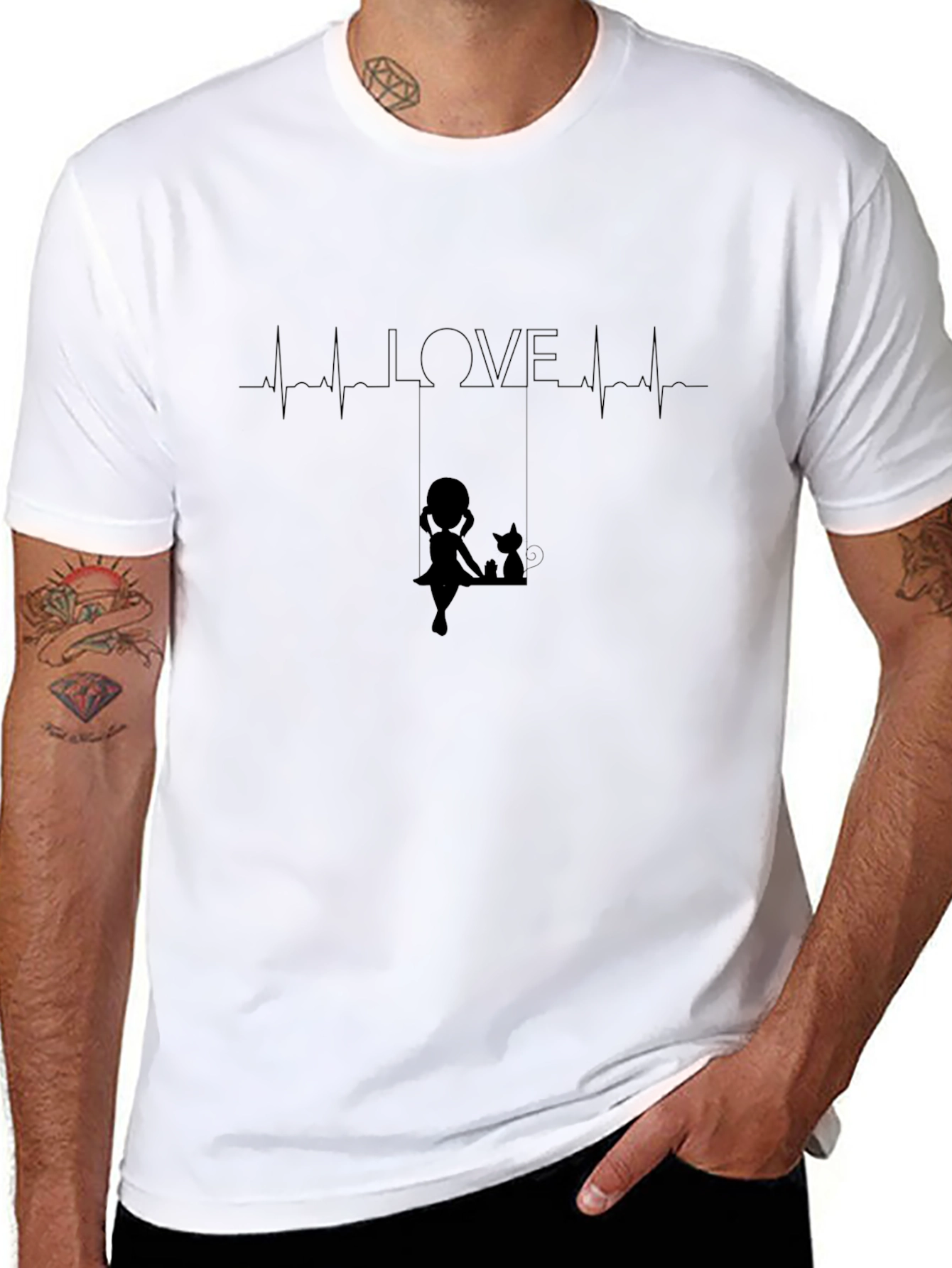 Black Love Heartbeat Girl and Cat on Swing Black T-Shirt view 8