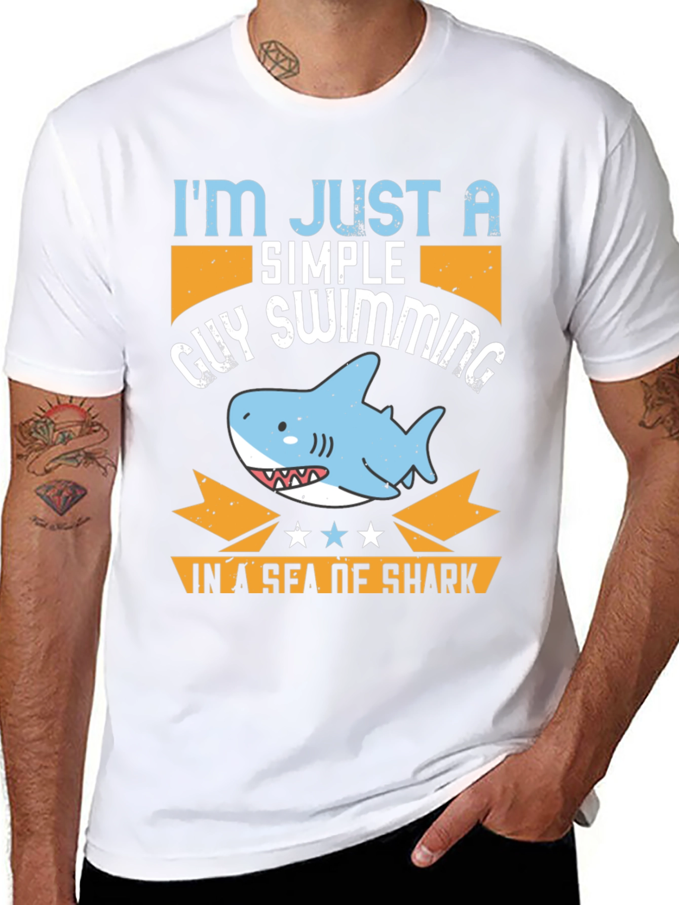 Black Simple Guy Swimming Shark T-Shirt view 8