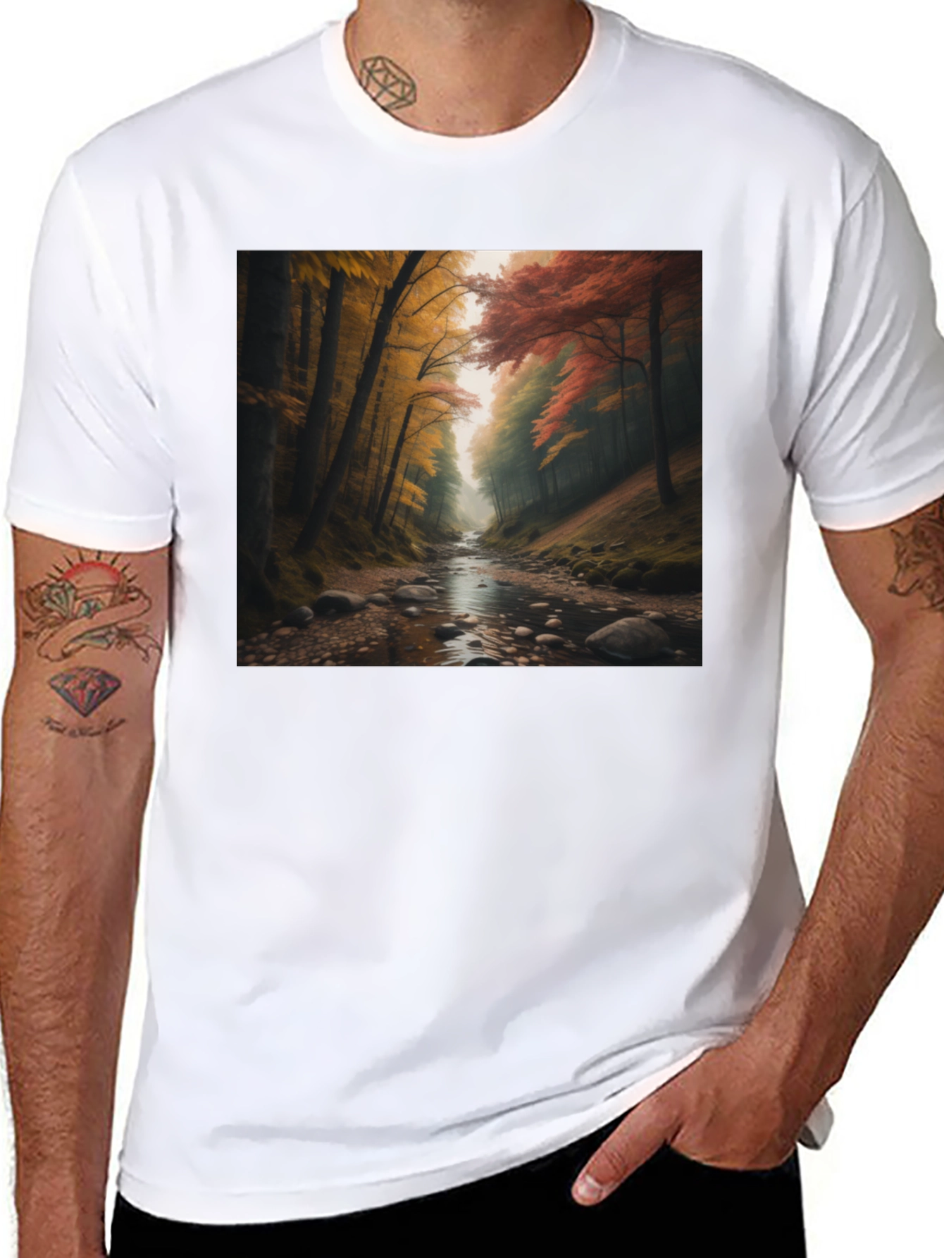 Black Autumn Forest River Graphic Tee view 8