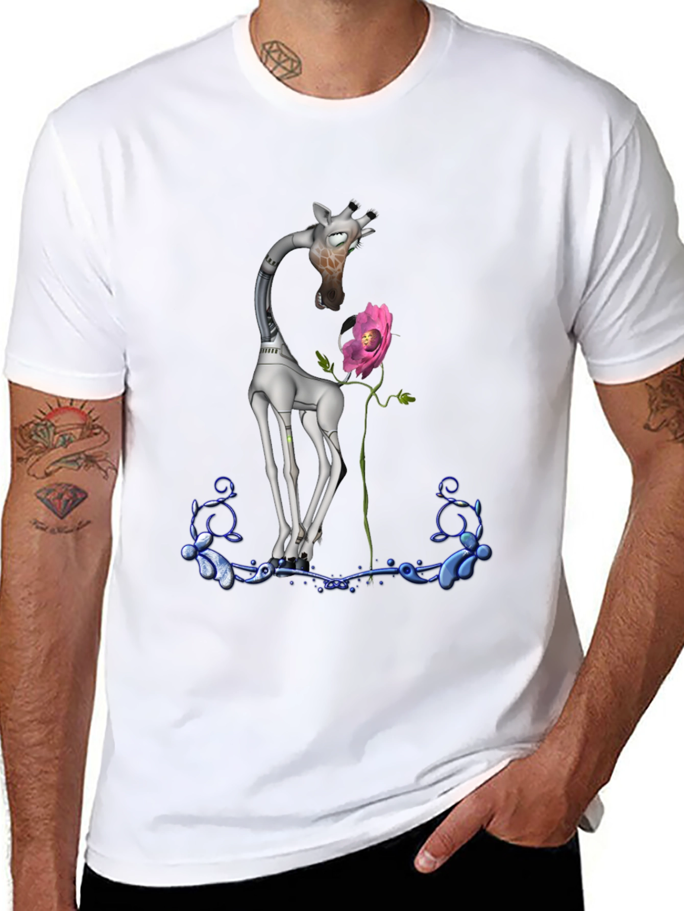 Black Robotic Giraffe & Flower Graphic Tee - Quirky Black T-Shirt view 8
