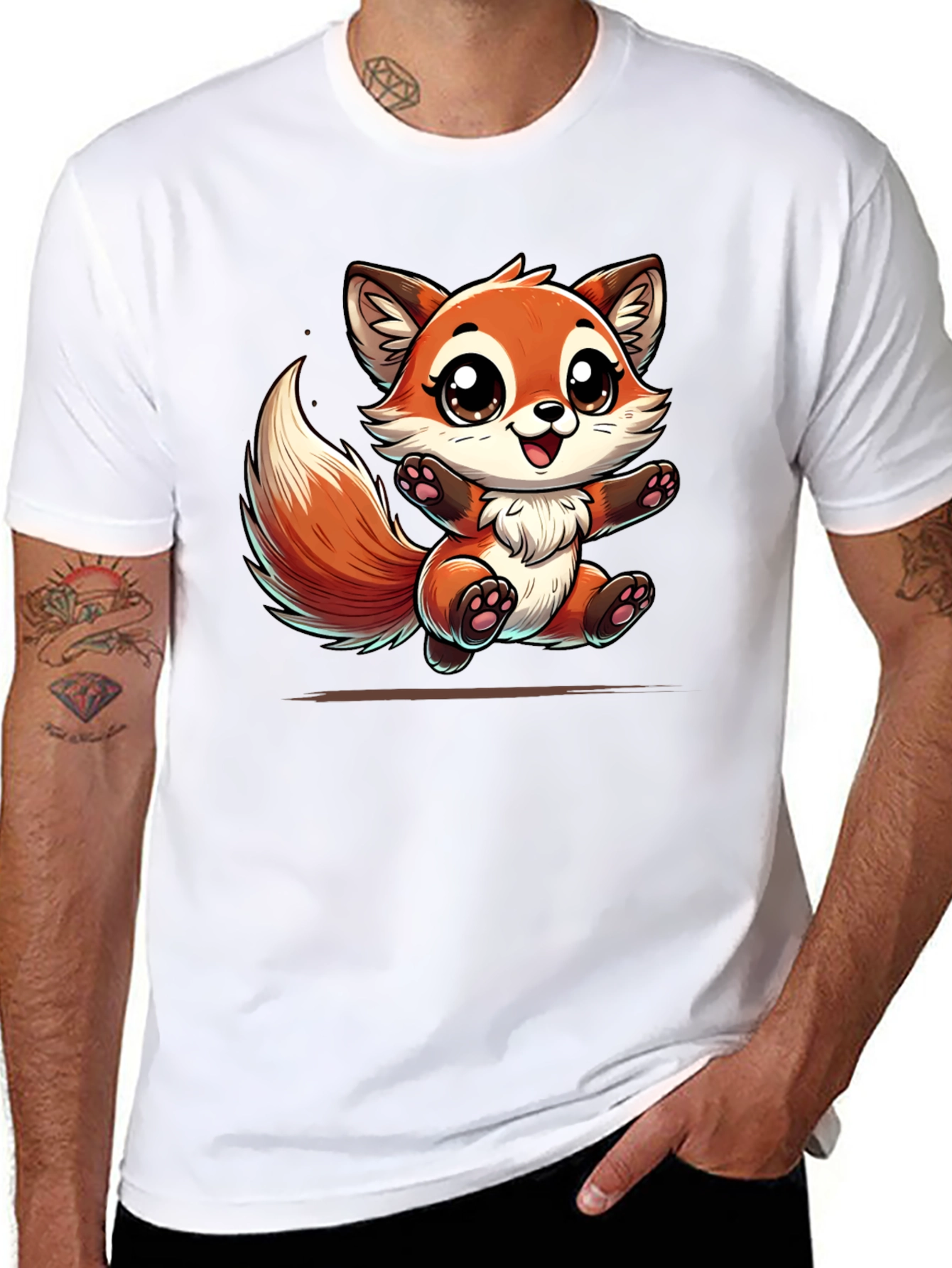 Black Cute Fox Graphic Tee - Black Cotton T-Shirt view 8