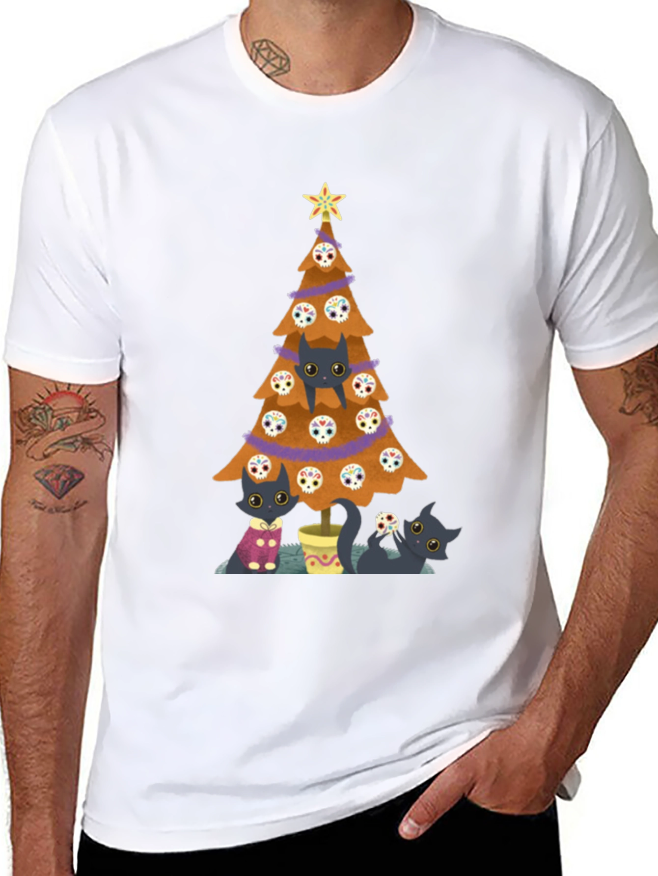 Black Cat Christmas Tree Black T-Shirt view 8