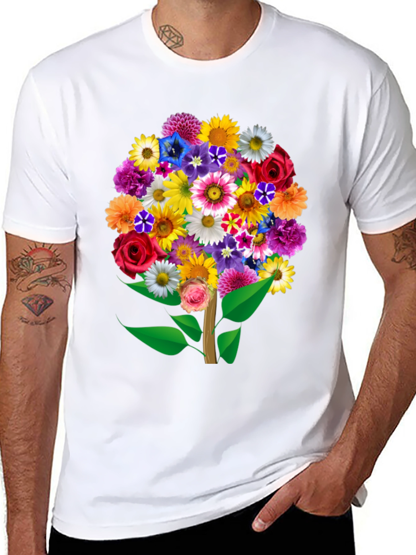 Black Floral Bouquet Tree Graphic Tee - Black Cotton T-Shirt view 8