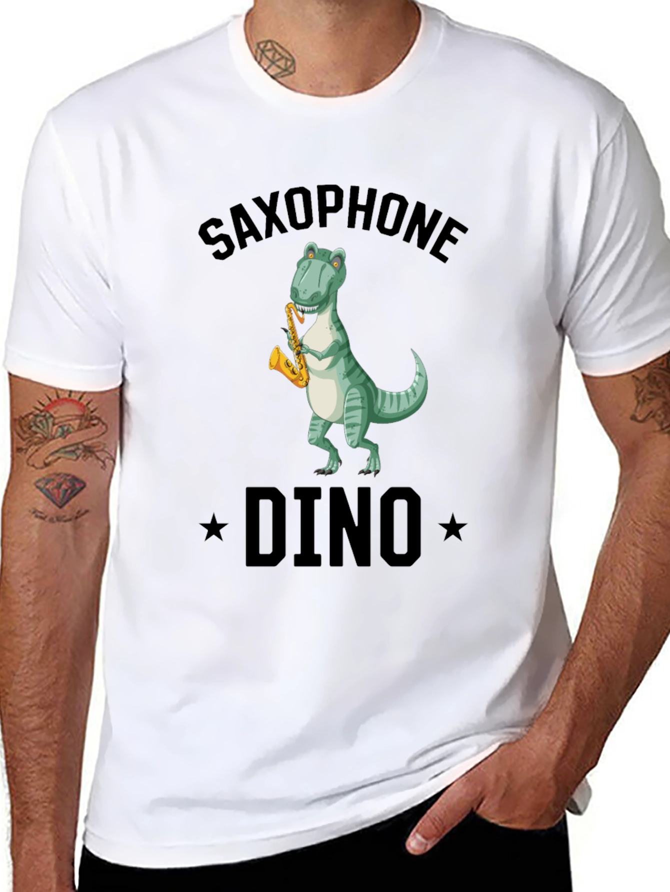 Black Saxophone Dino T-Shirt - Black Cotton Tee view 8