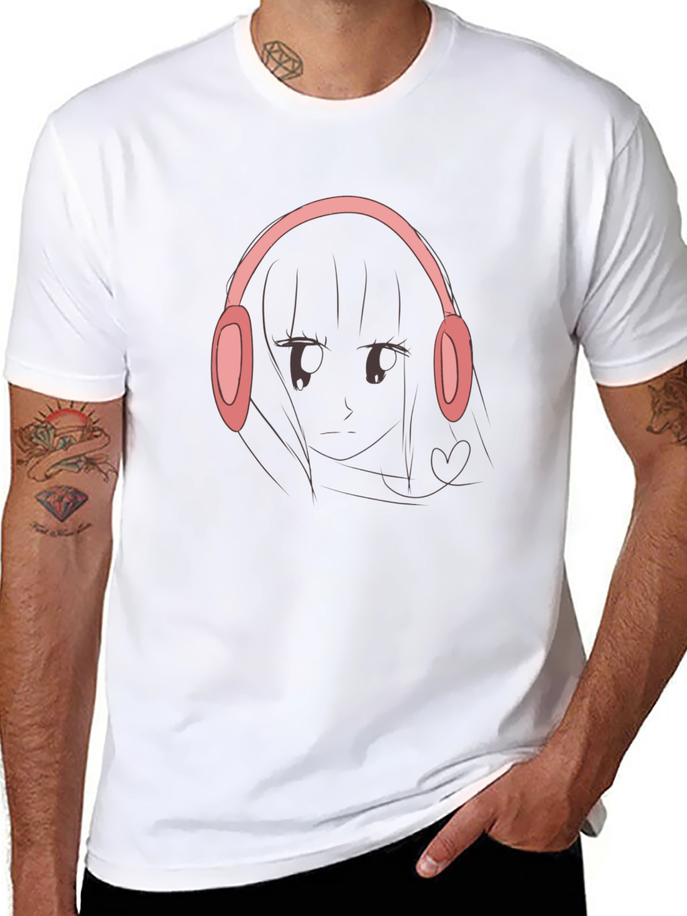 Black Anime Girl Headphones Graphic Black T-Shirt view 8