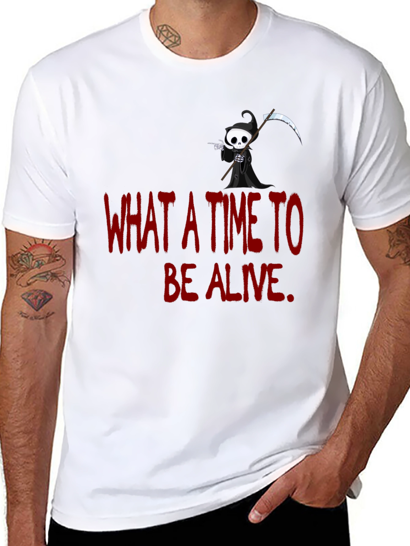 Black Grim Reaper Graphic T-Shirt - "What A Time To Be Alive" view 8