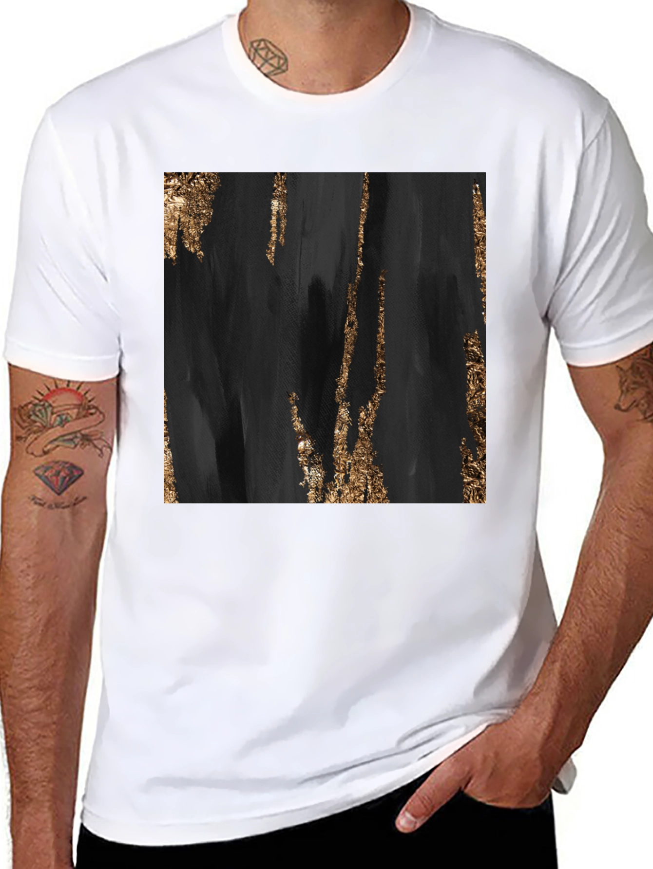 Black Abstract Gold Foil Print Black T-Shirt view 8