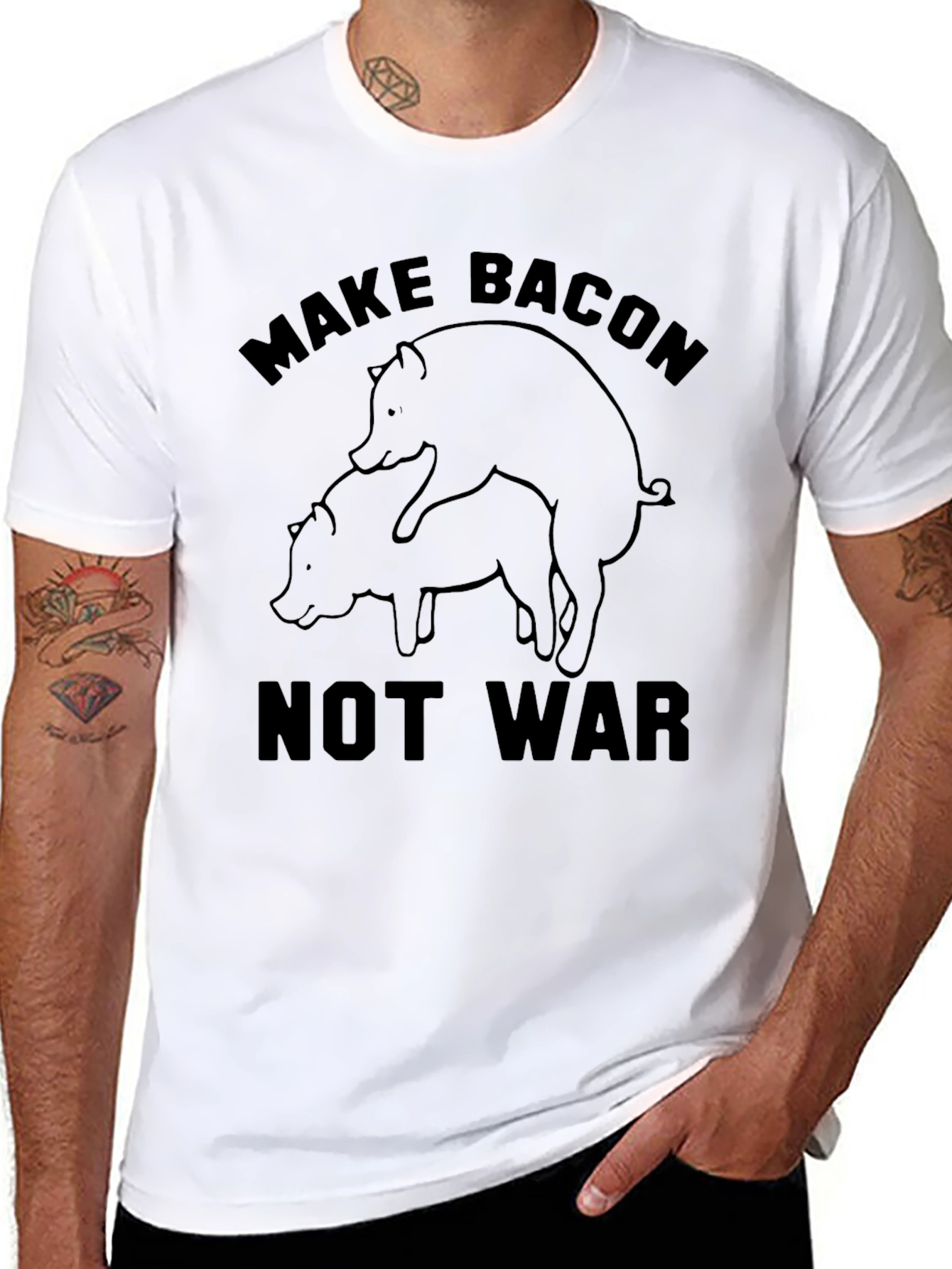 Black Make Bacon Not War T-Shirt - Funny Pig Design view 8