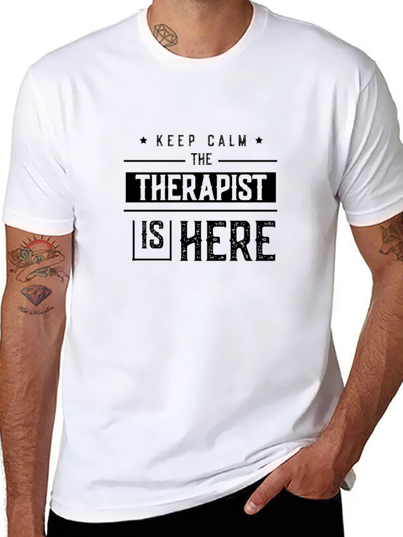 Black Keep Calm Therapist Here Black Cotton Tee view 8