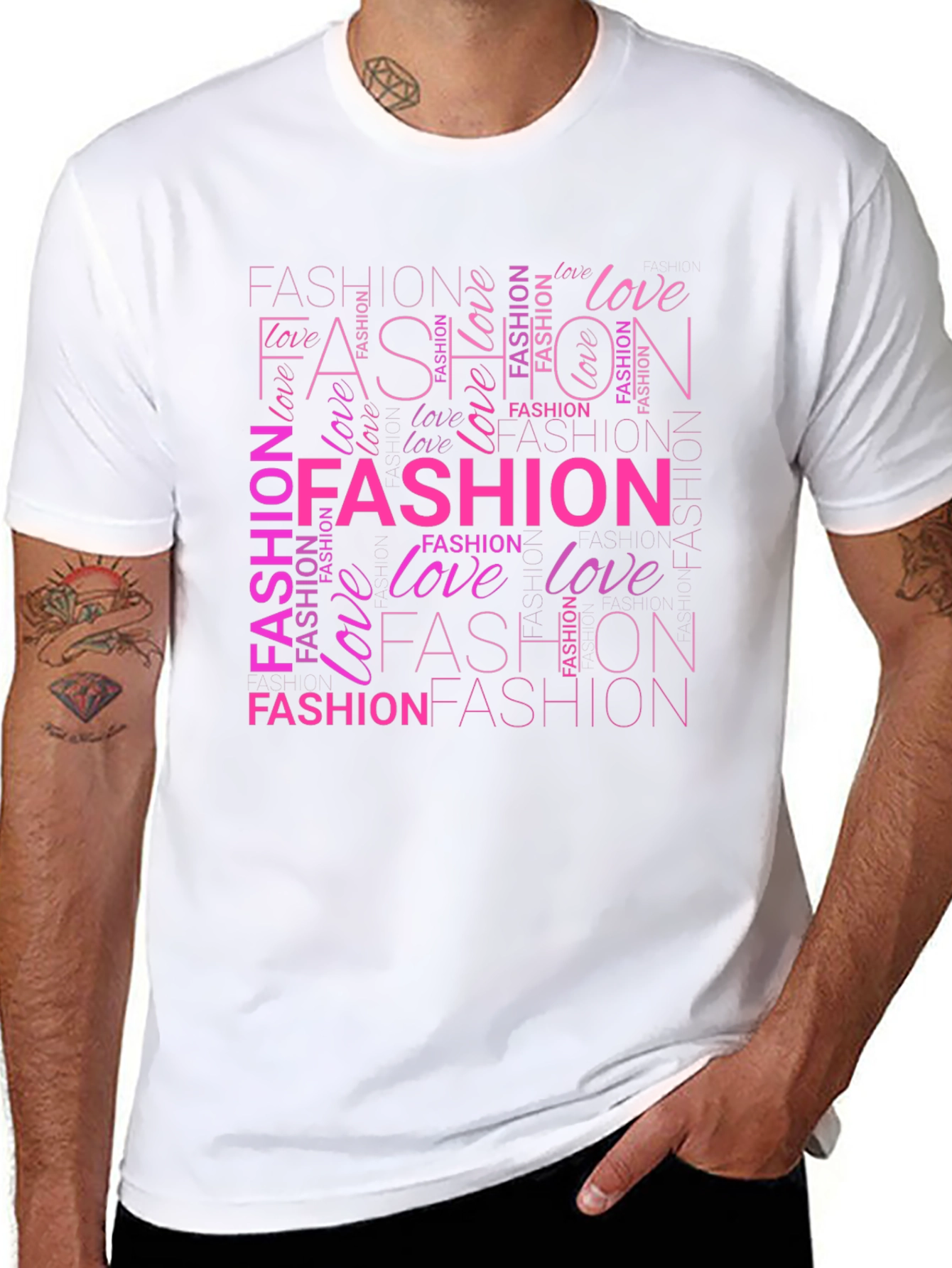 Fashion & Love Pink Word Art Print Black T-Shirt - 8