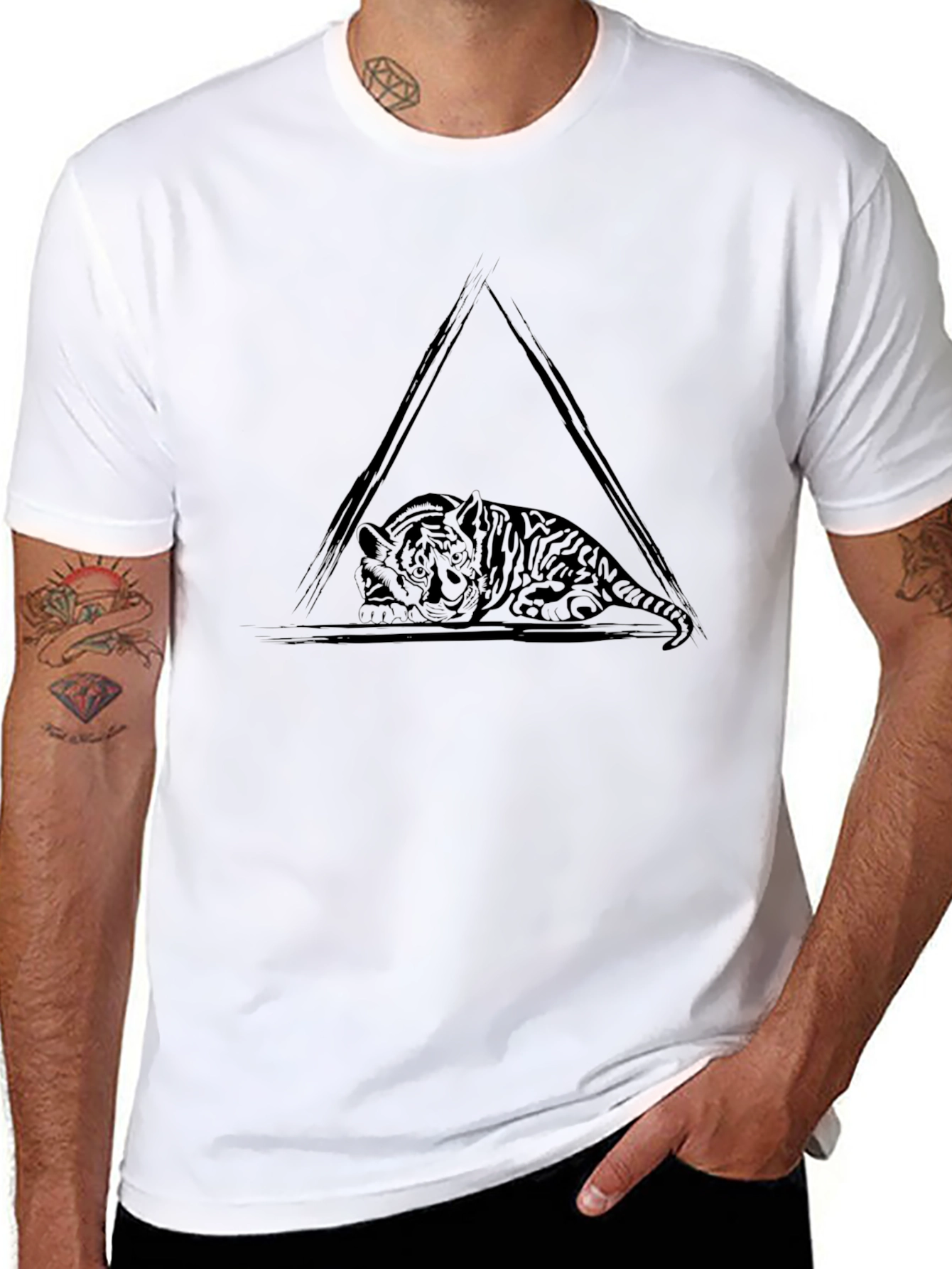 Black Black Tiger Triangle Graphic Tee - Cool Casual Style view 8