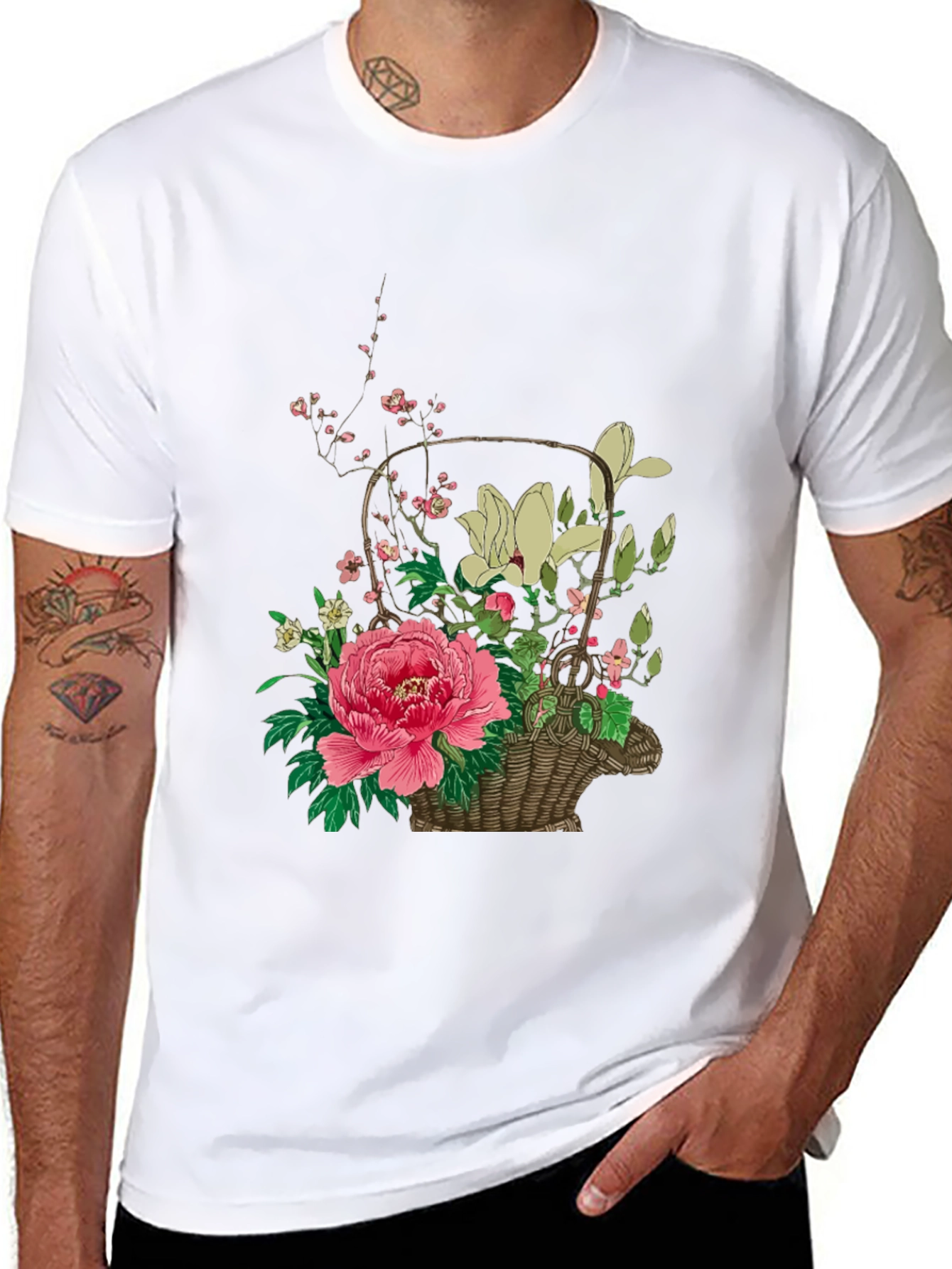 Black Floral Basket Graphic Tee - Stylish & Unique Design view 8