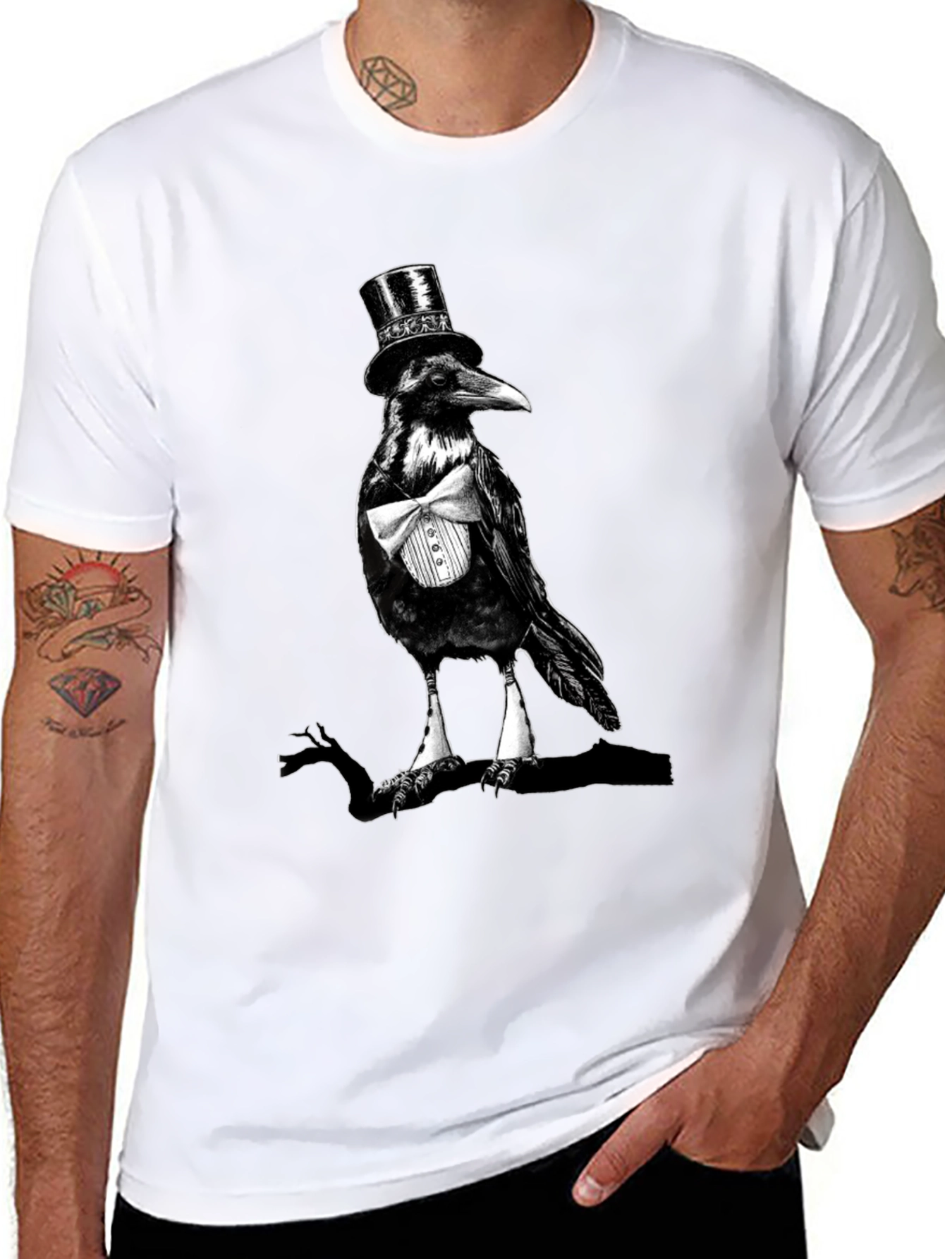 Black Raven Top Hat Bowtie T-Shirt, Mens Black Tee view 8