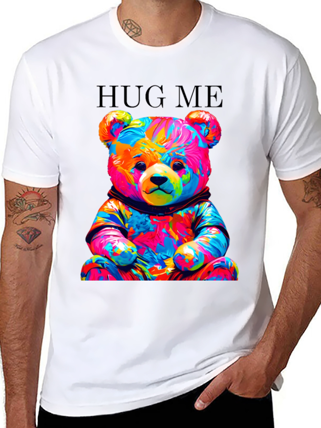 Black Colorful Teddy Bear Hug Me Graphic T-Shirt view 8