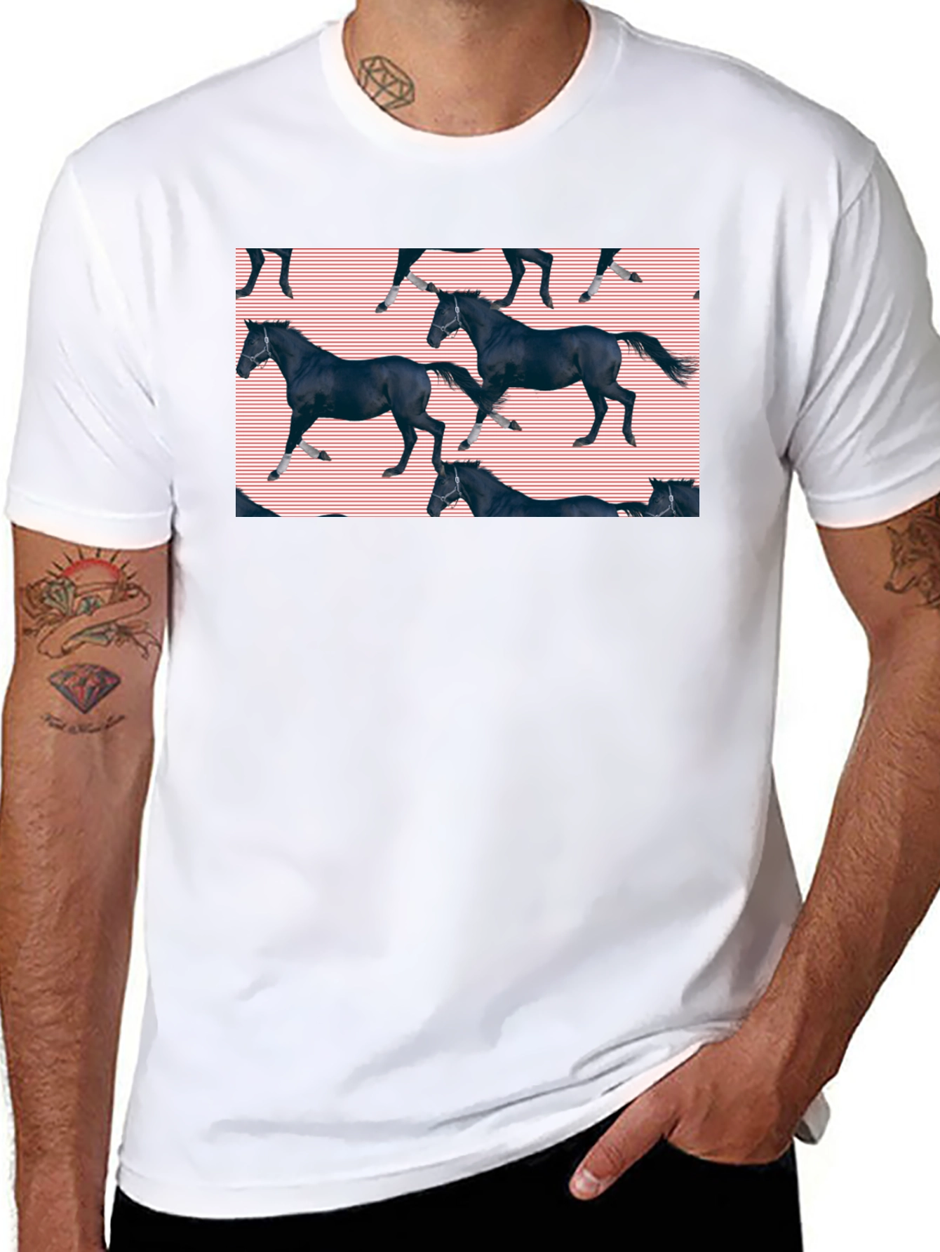 Black Black Horse Pattern T-Shirt view 8