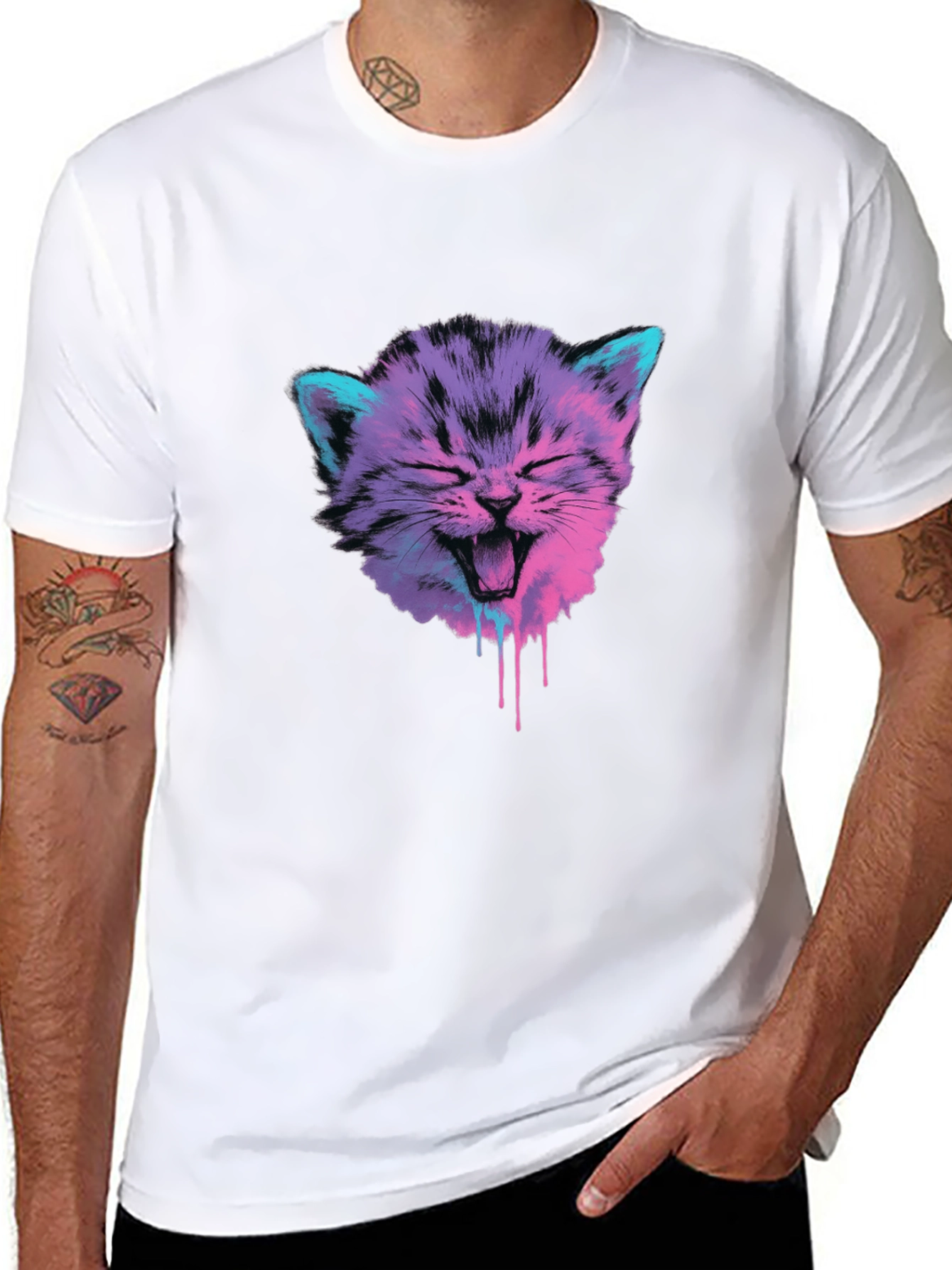 Black Vaporwave Cat Graphic Tee - Black Cotton Blend view 8