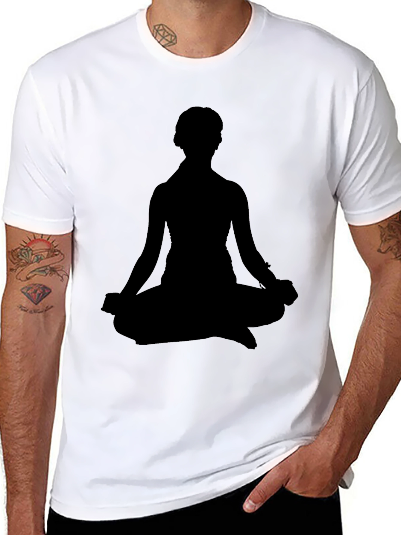 Black Men's Black T-Shirt - Meditating Silhouette Design view 8