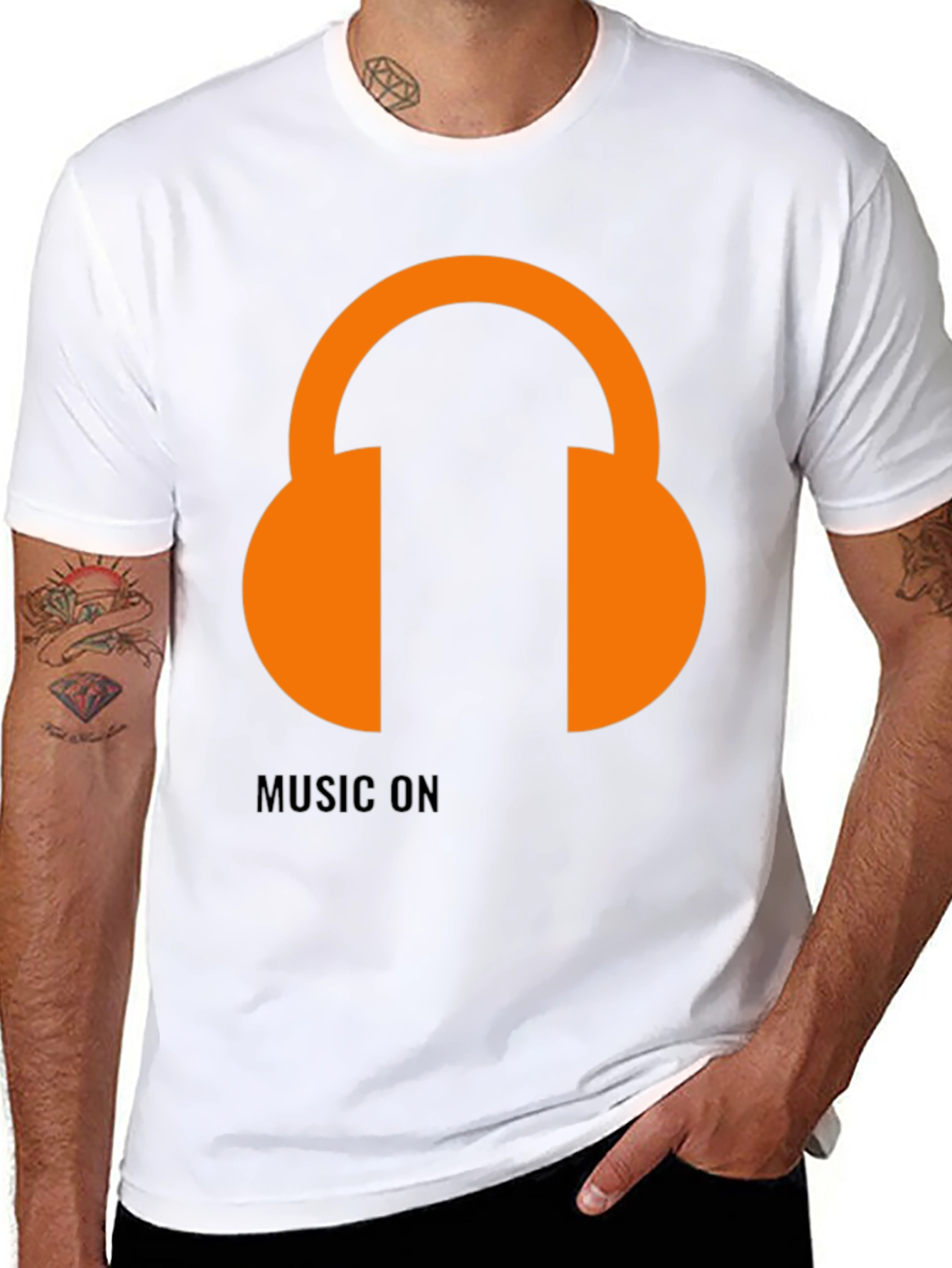 Black Music On T-Shirt: Orange Headphones Graphic Tee view 8