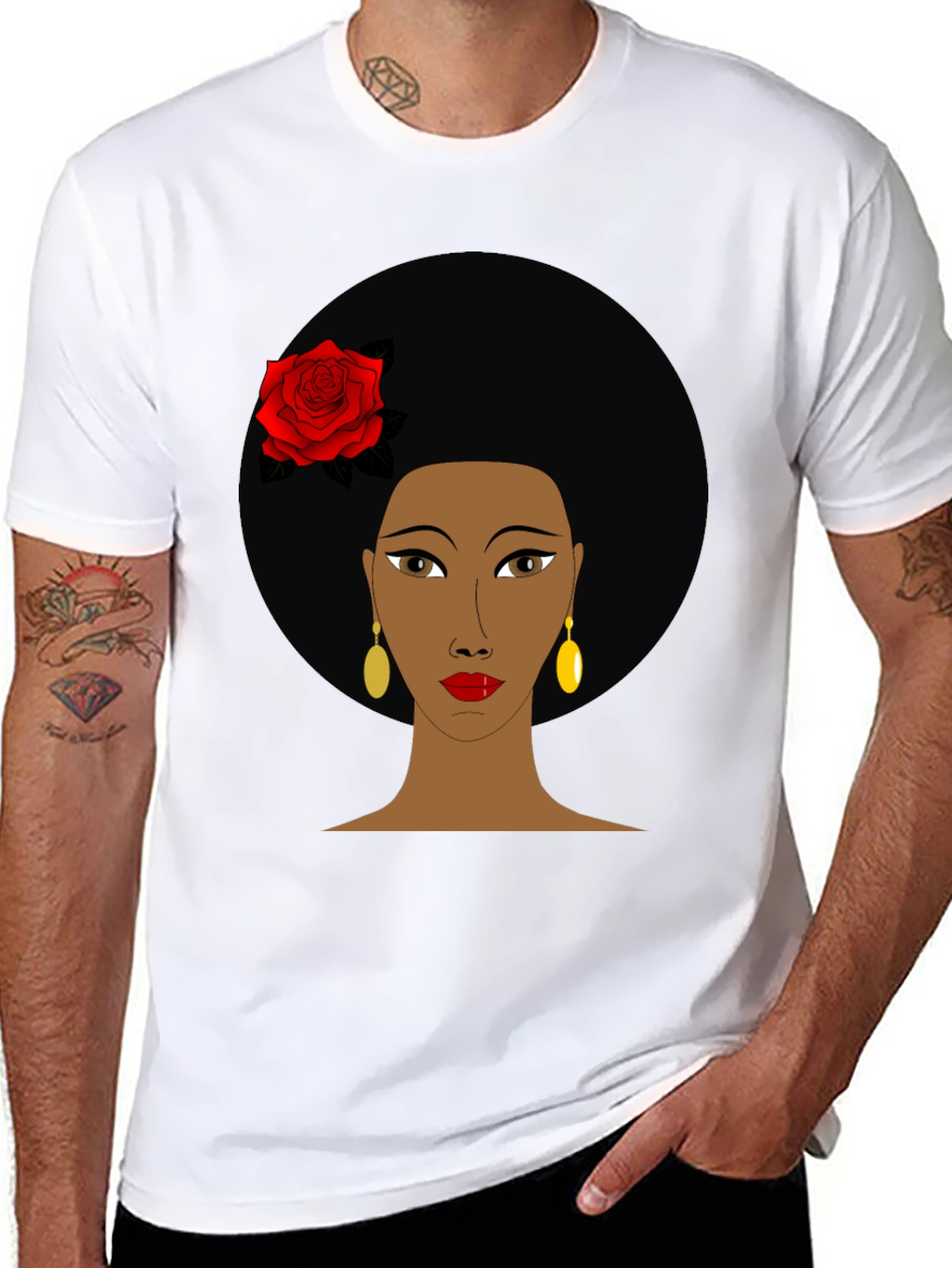 Black Afro Woman Rose Graphic Tee - Stylish Black T-Shirt view 8