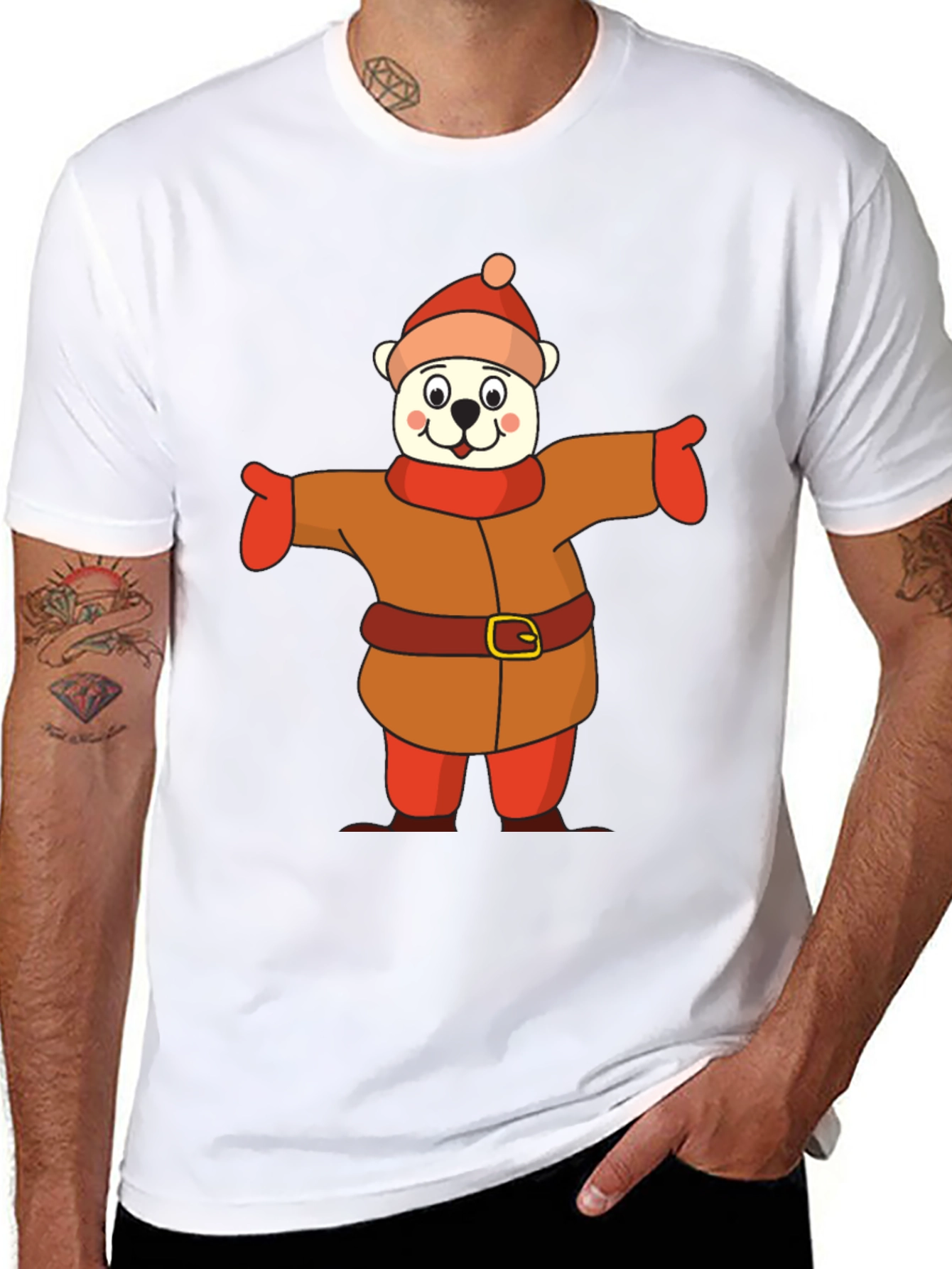 Black Cartoon Bear in Winter Outfit T-Shirt view 8
