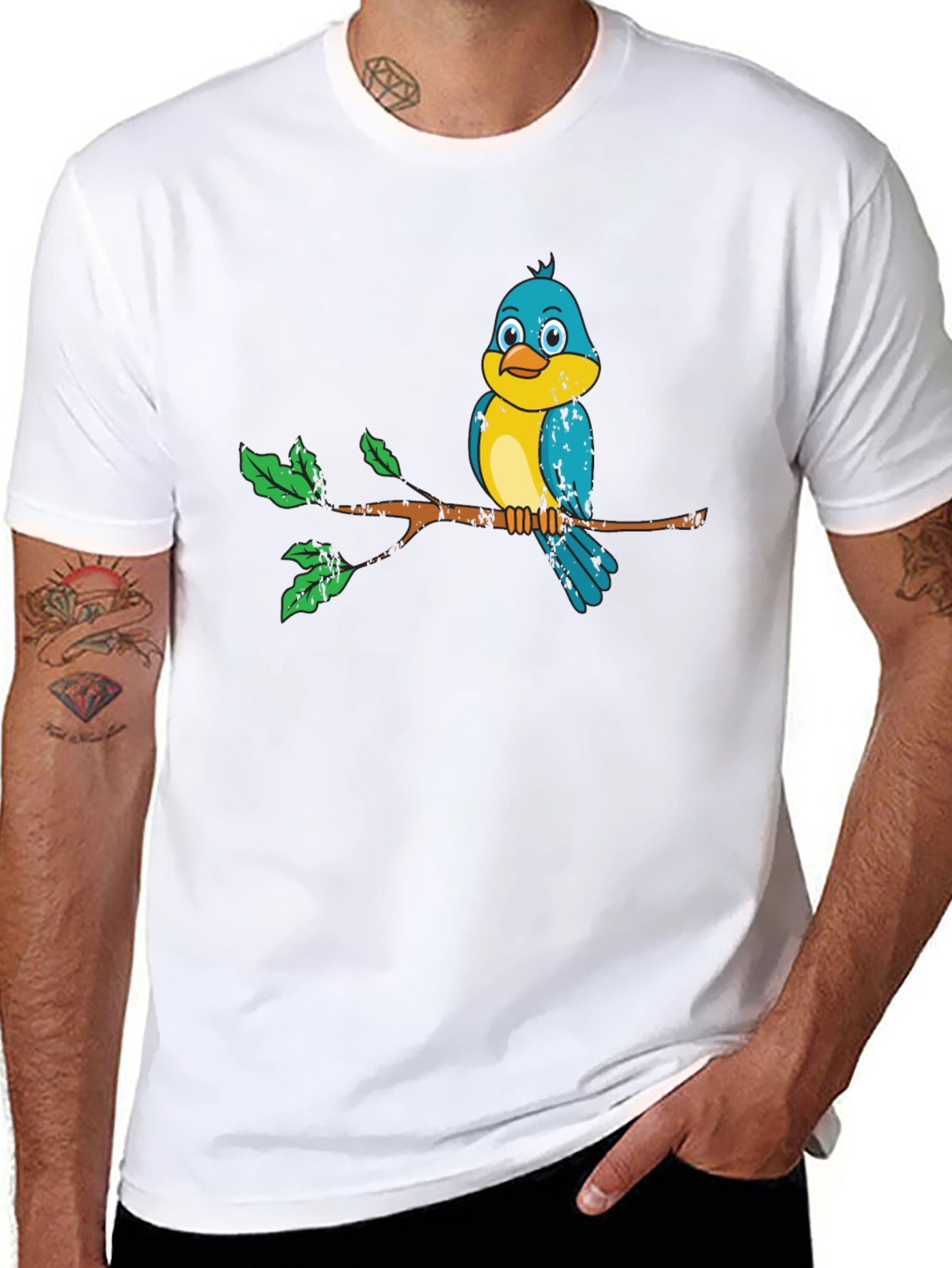 Black Cute Bird on Branch Graphic Tee - Unisex Black T-Shirt view 8