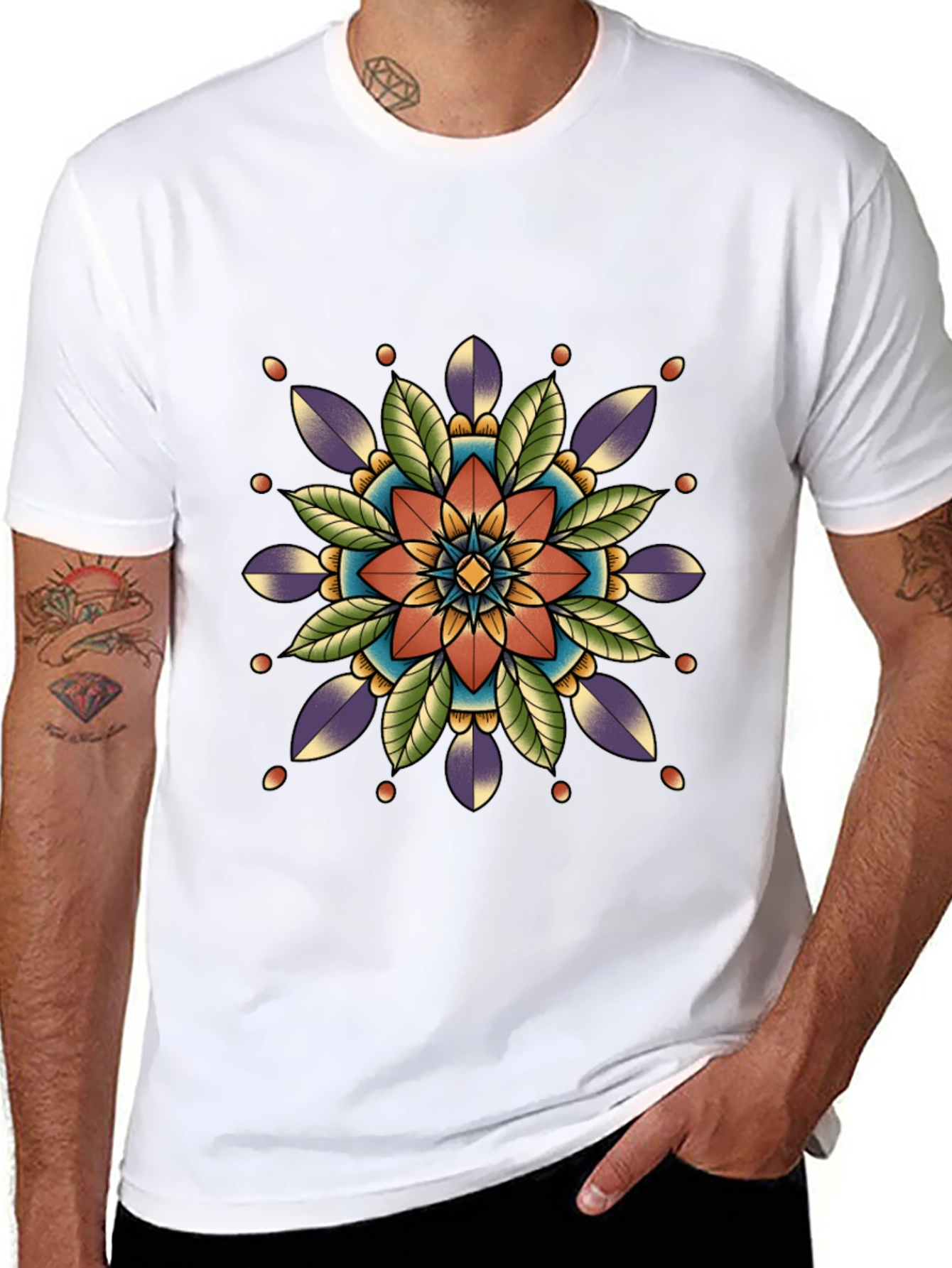 Black Geometric Mandala Print Black T-Shirt view 8