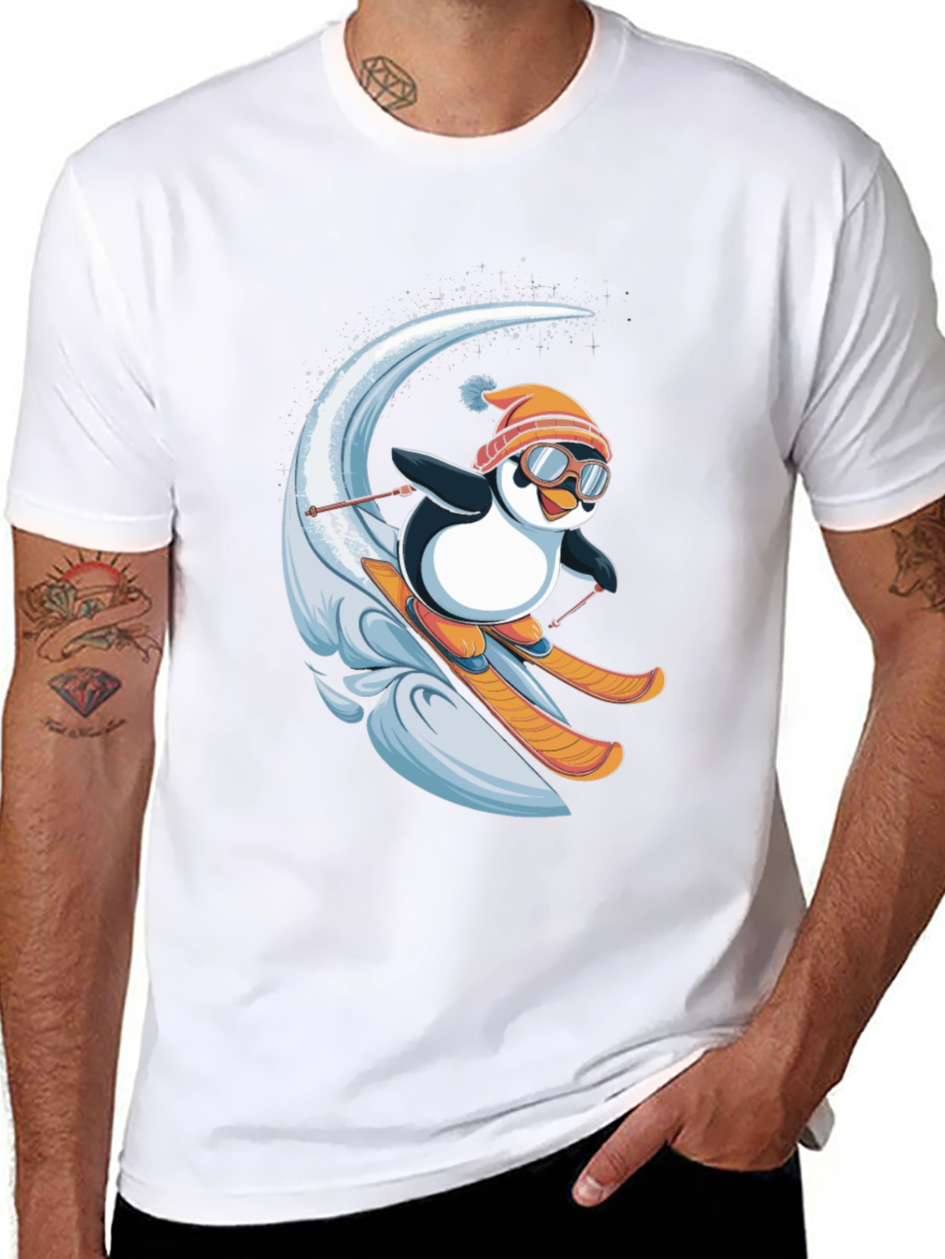 Black Skiing Penguin Graphic T-Shirt - Fun Winter Apparel view 8