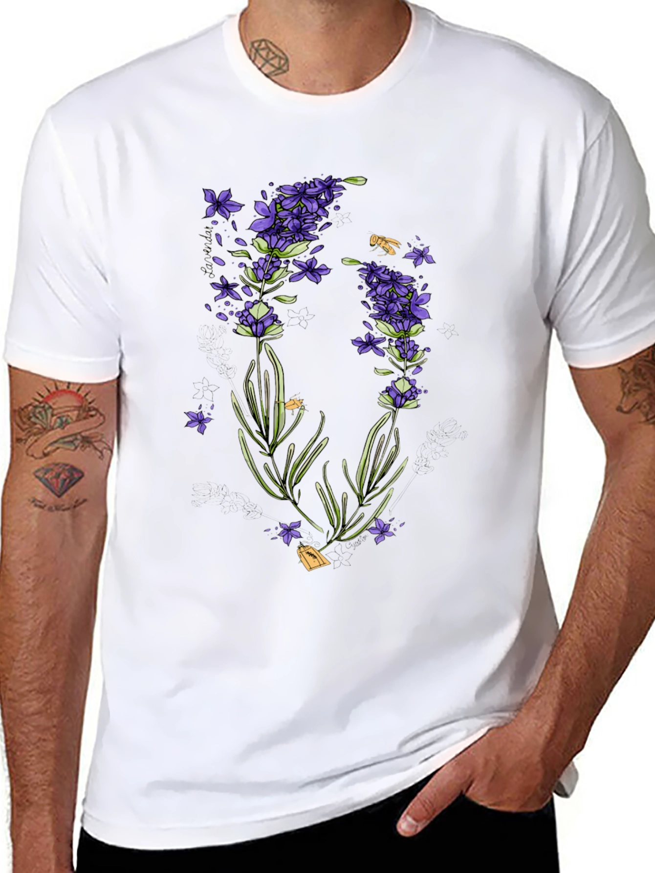 Black Lavender Print Black T-Shirt - Stylish & Unique view 8