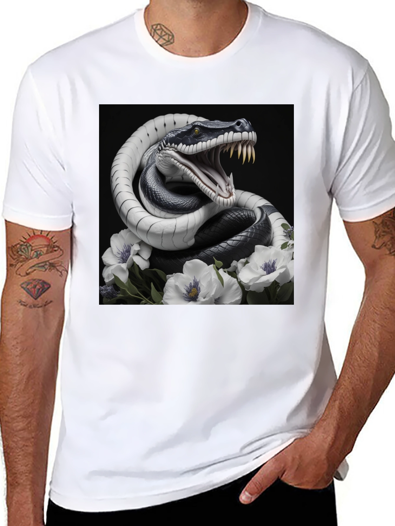 Black Snake & Floral Graphic Tee - Men's Black T-Shirt view 8