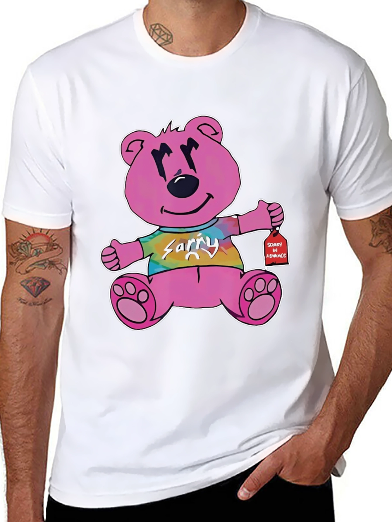Black Novelty Graphic Tee: Pink Bear 'Sorry in Advance' view 8