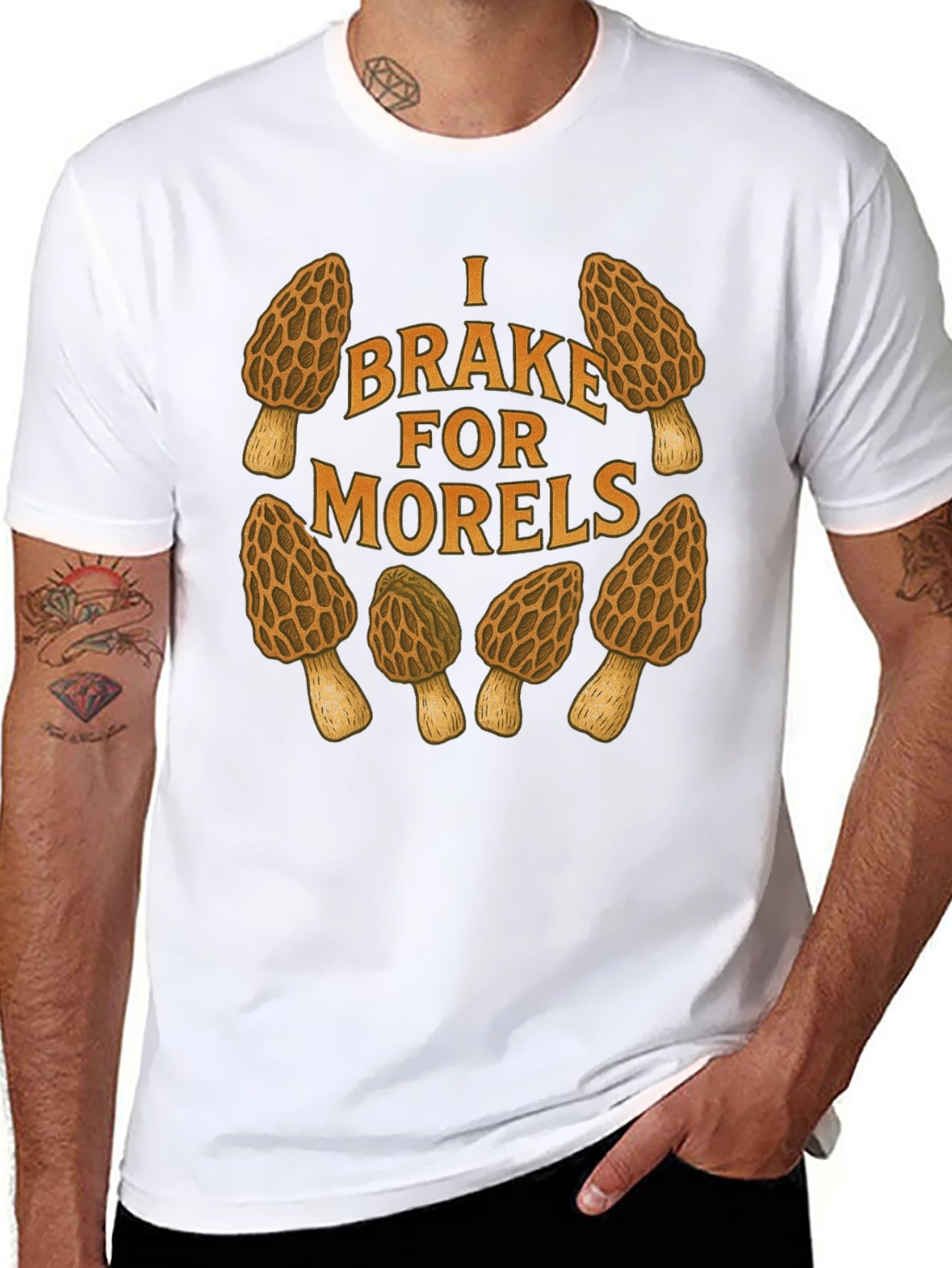 Black I Brake for Morels Mushroom Hunting T-Shirt view 8