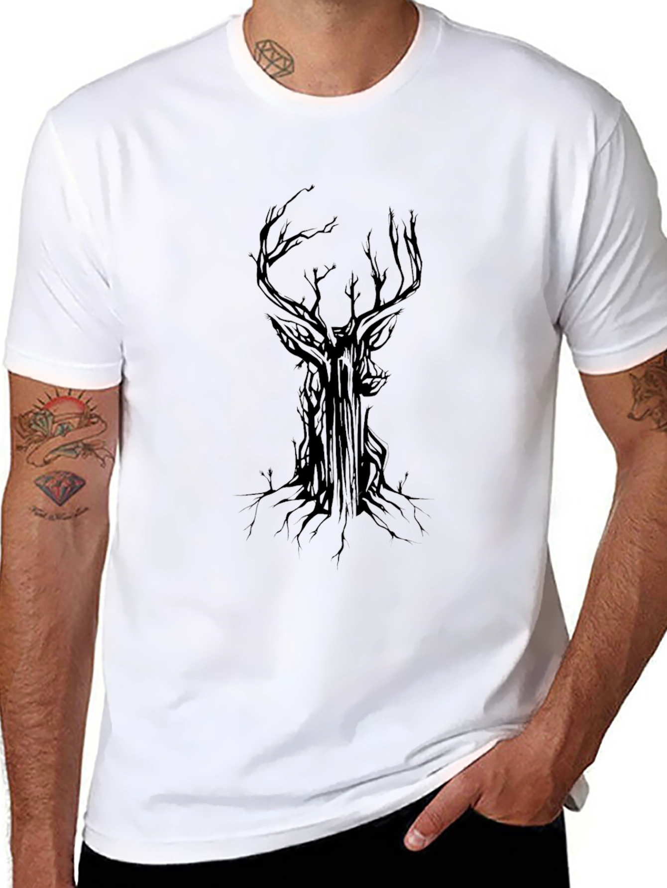 Black Men's Black T-Shirt with Stag Tree Graphic view 8