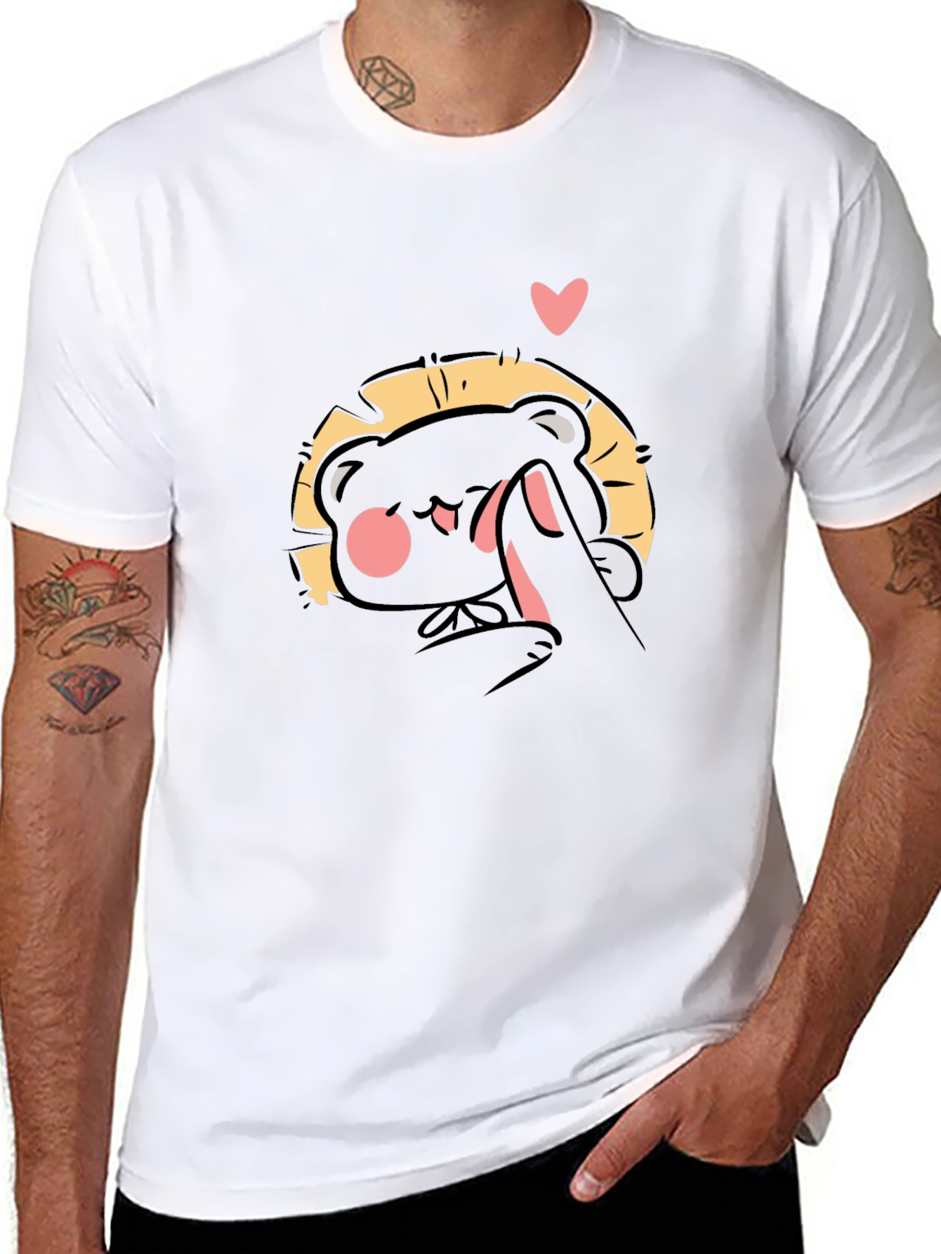 Cute Bear 'Finger Heart' Black T-Shirt - 8
