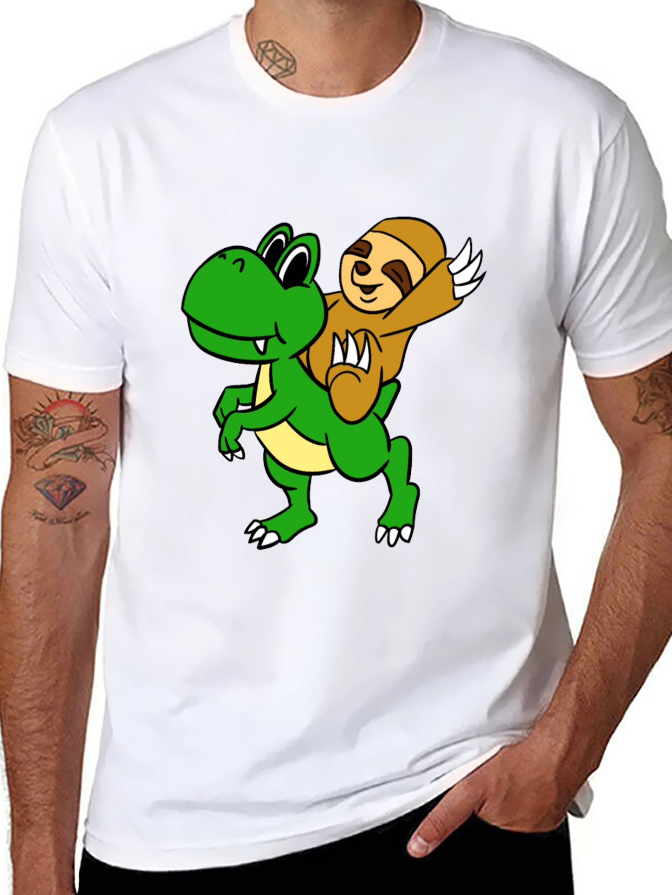 Black Sloth Riding Dinosaur Graphic Tee view 8