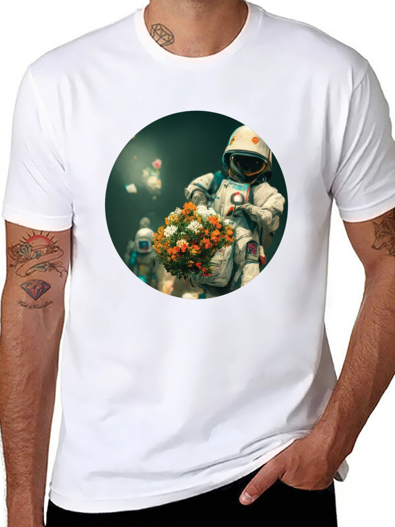 Black Astronaut with Flowers Graphic Tee - Black view 8