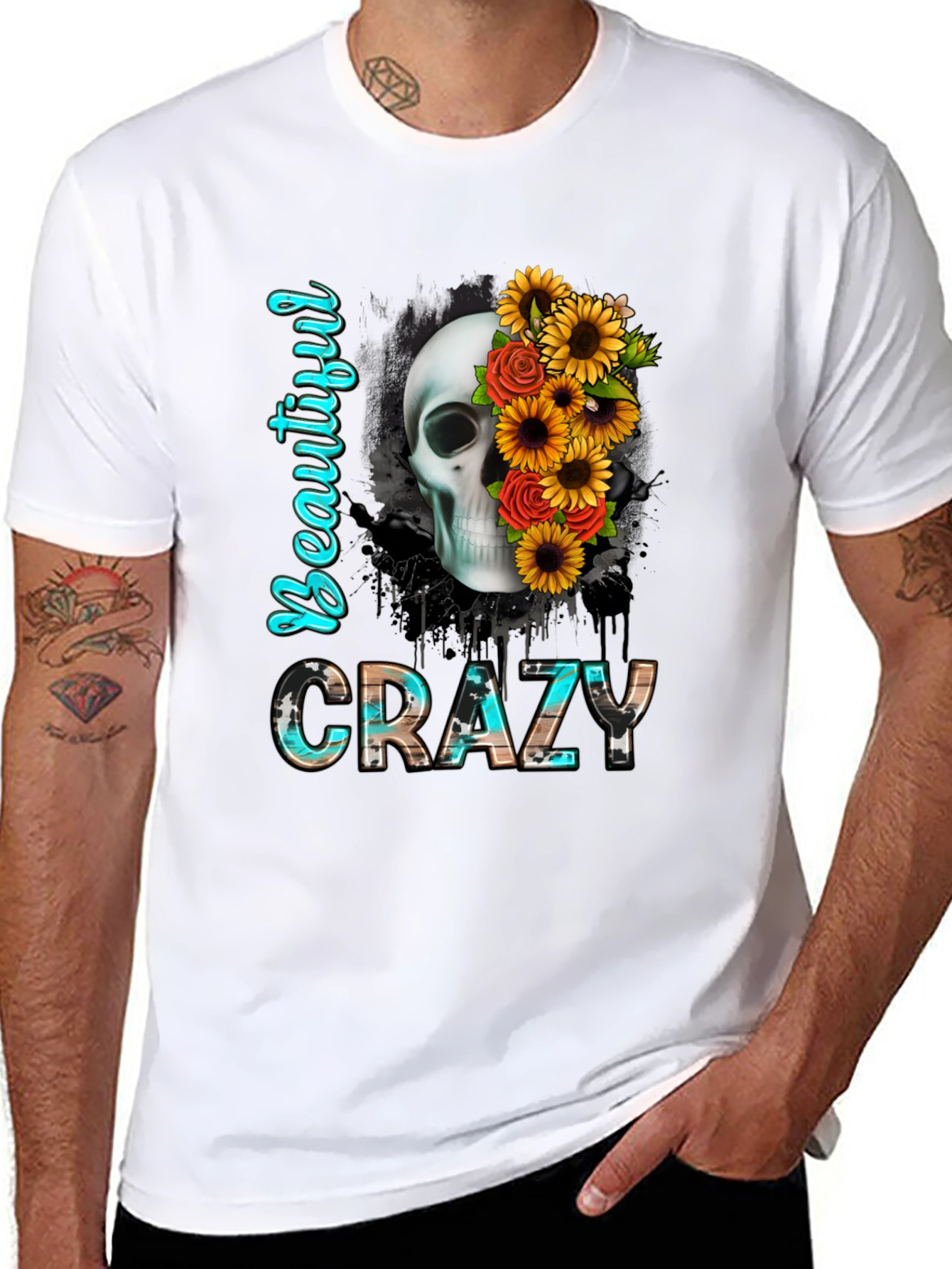 Black Beautiful Crazy Skull & Flowers Graphic Tee view 8