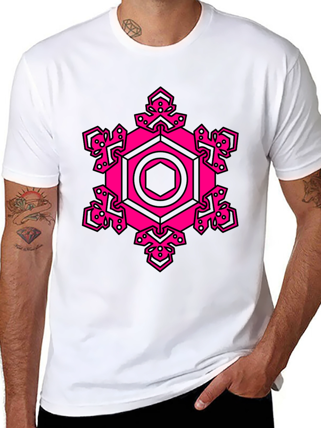 Black Geometric Pink Hexagon Graphic T-Shirt view 8