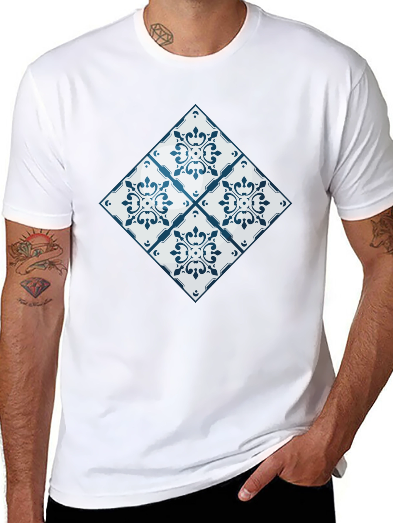 Black Azulejo Tile Pattern Black T-Shirt view 8