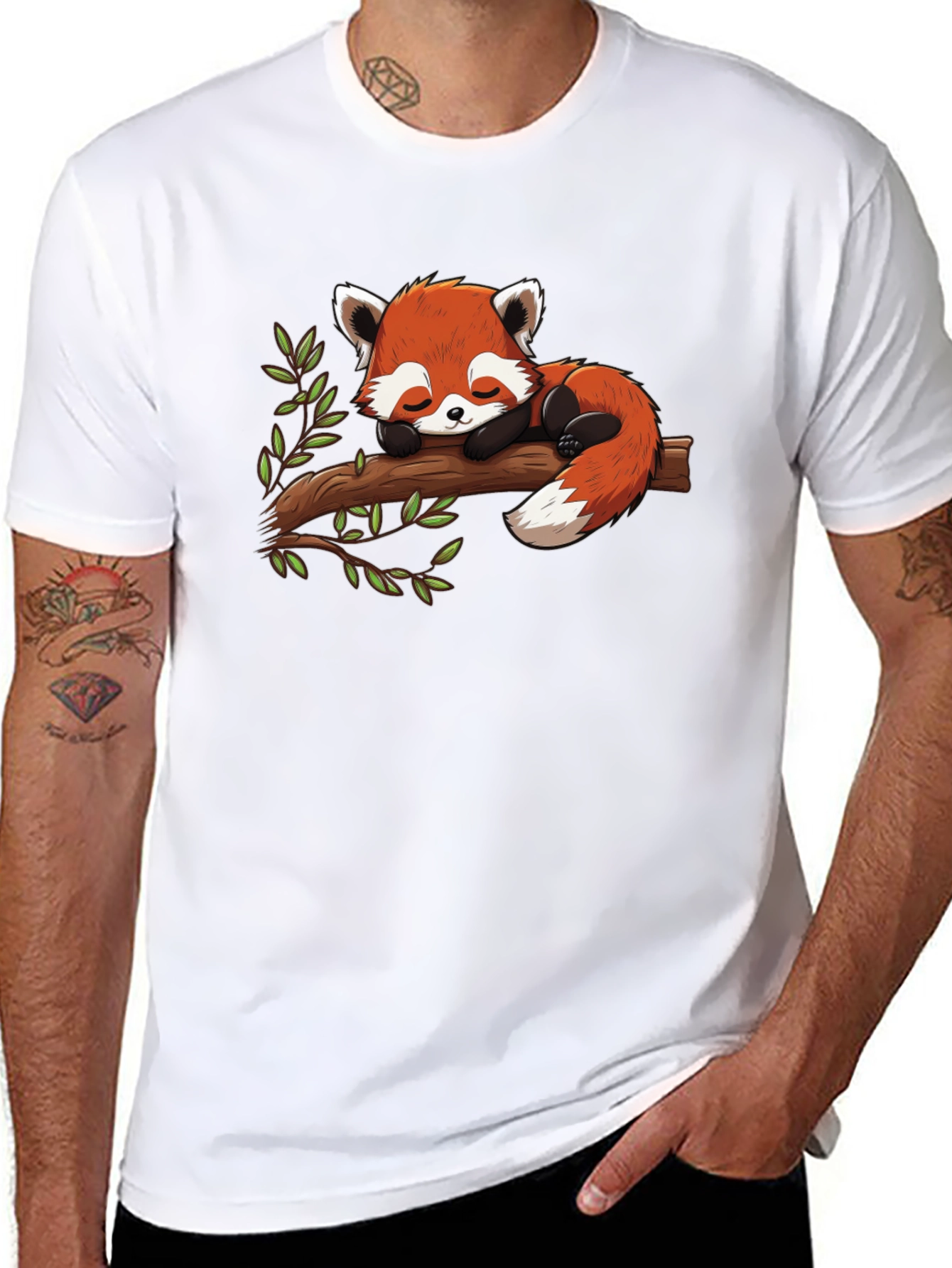Black Cute Red Panda Napping on Branch Graphic Tee view 8