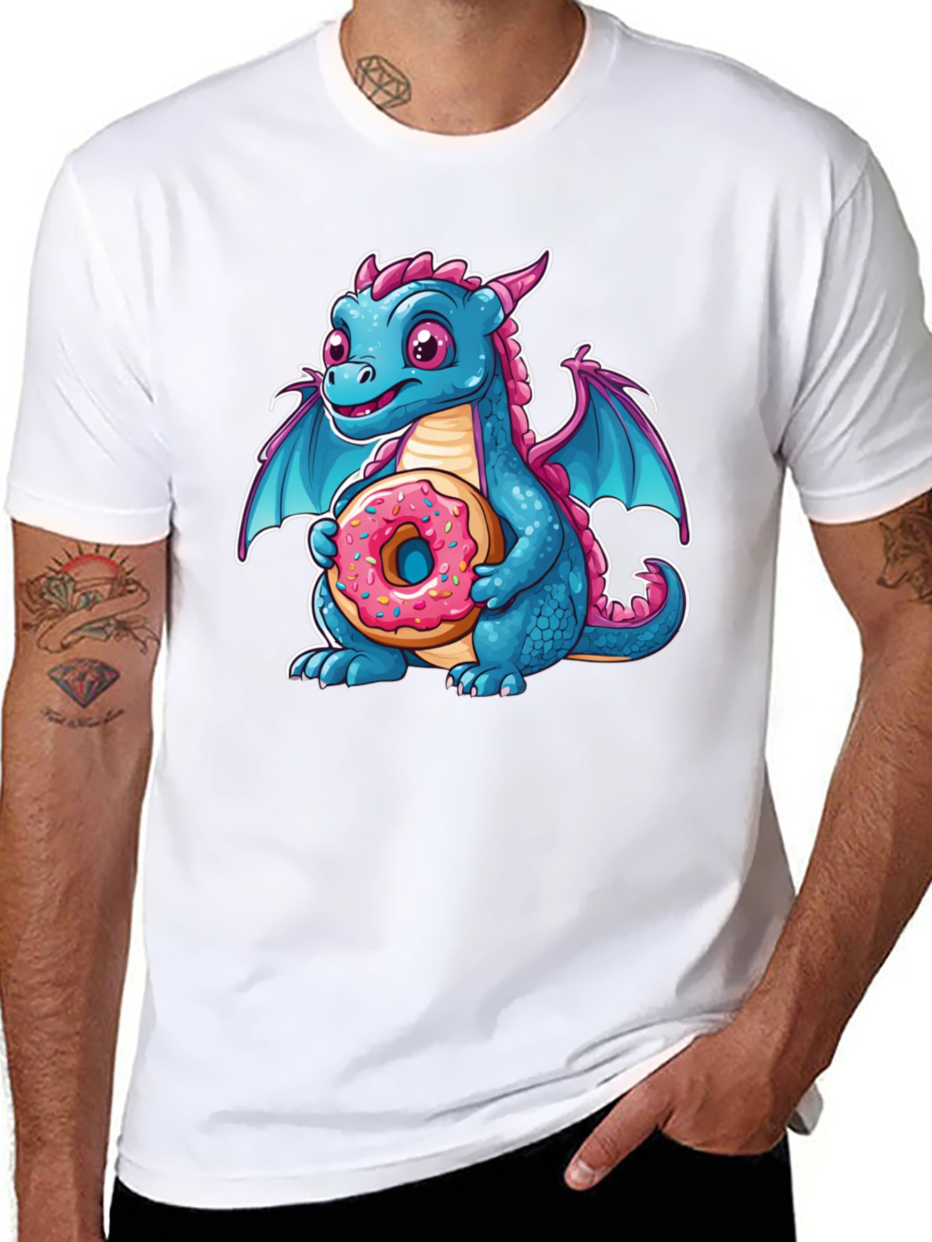 Black Cute Dragon Donut T-Shirt - Cartoon Graphic Tee view 8