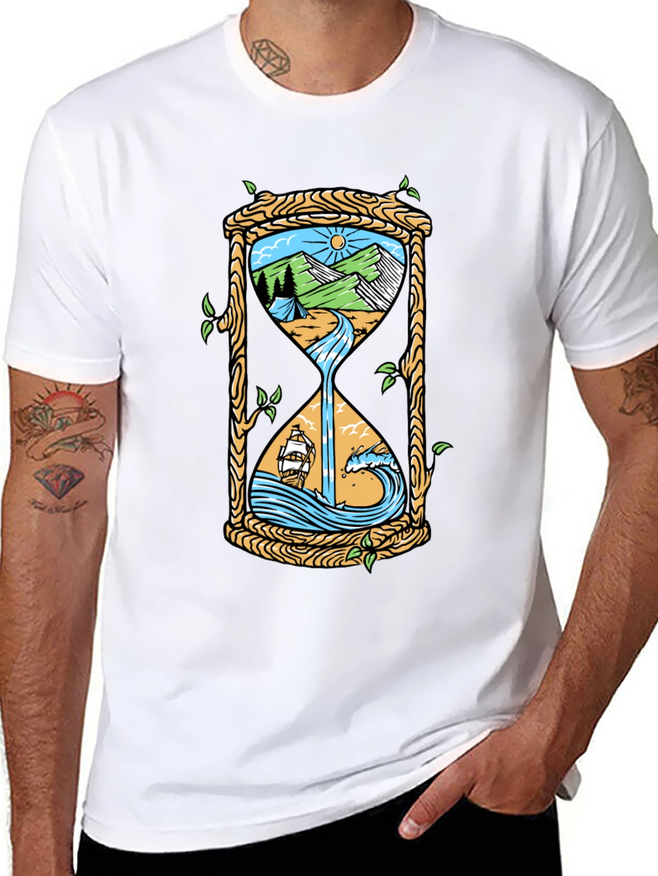 Black Nature Hourglass Graphic Tee - Unique Time Design Shirt view 8