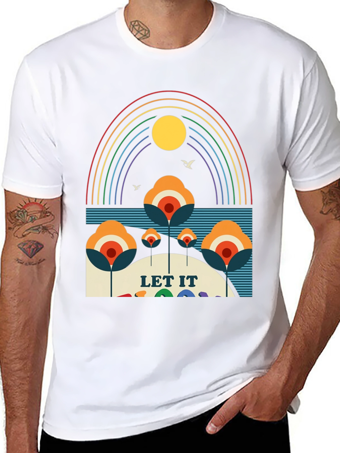 Black Retro "Let It Be" Rainbow Graphic Tee view 8