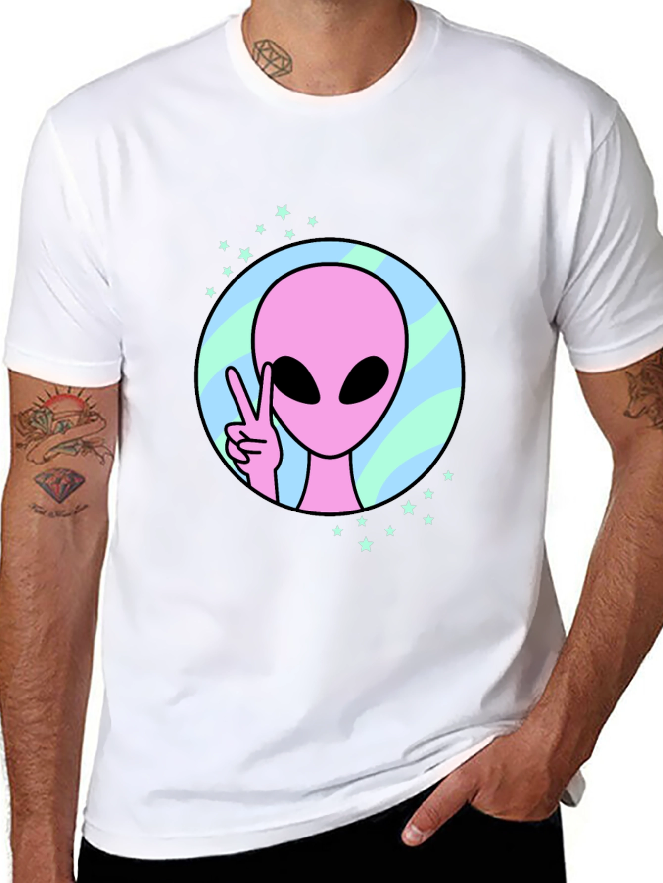 Black Peace Alien Graphic Tee - Black Cotton Shirt view 8