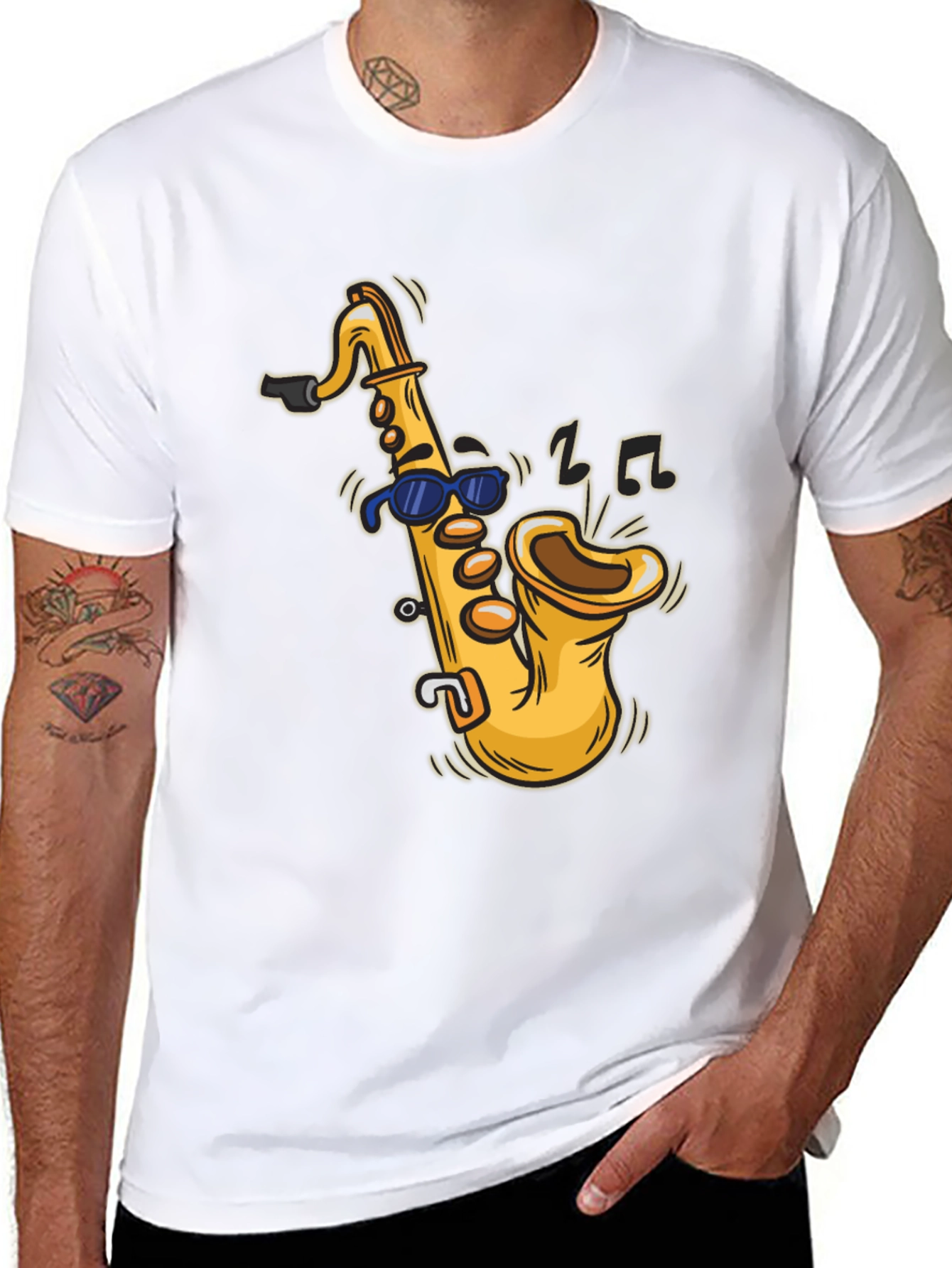 Black Cool Saxophone Cartoon Black T-Shirt view 8
